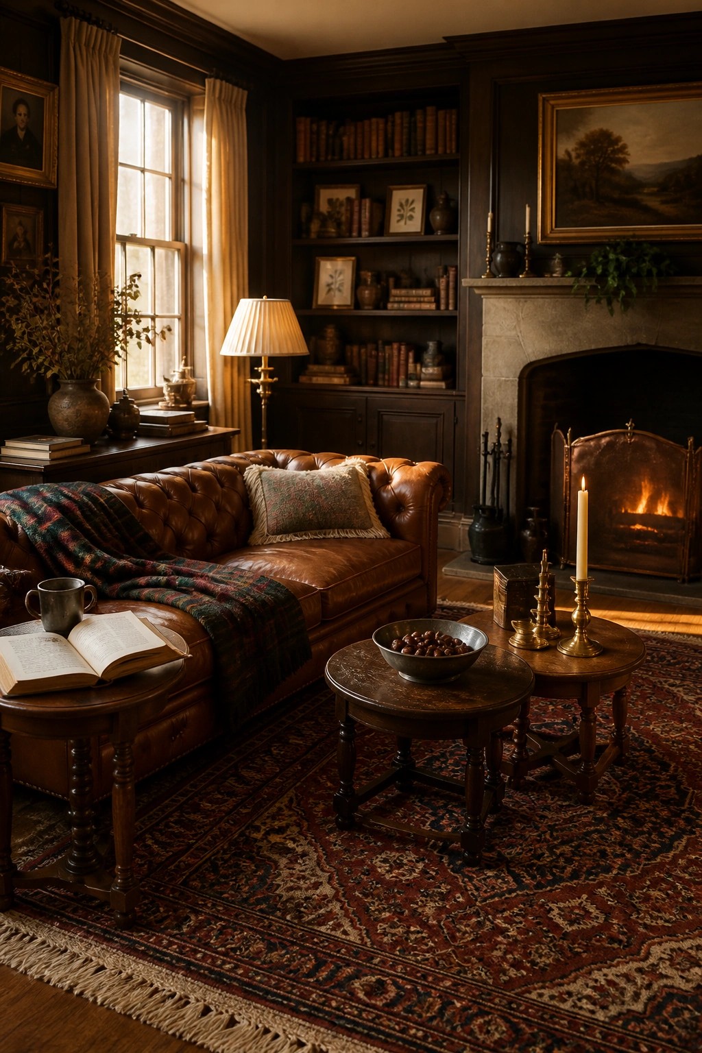 A living room with a brown leather sofa covered by a plaid throw and a patterned pillow, a lit fireplace on the right, and bookshelves along the back wall.