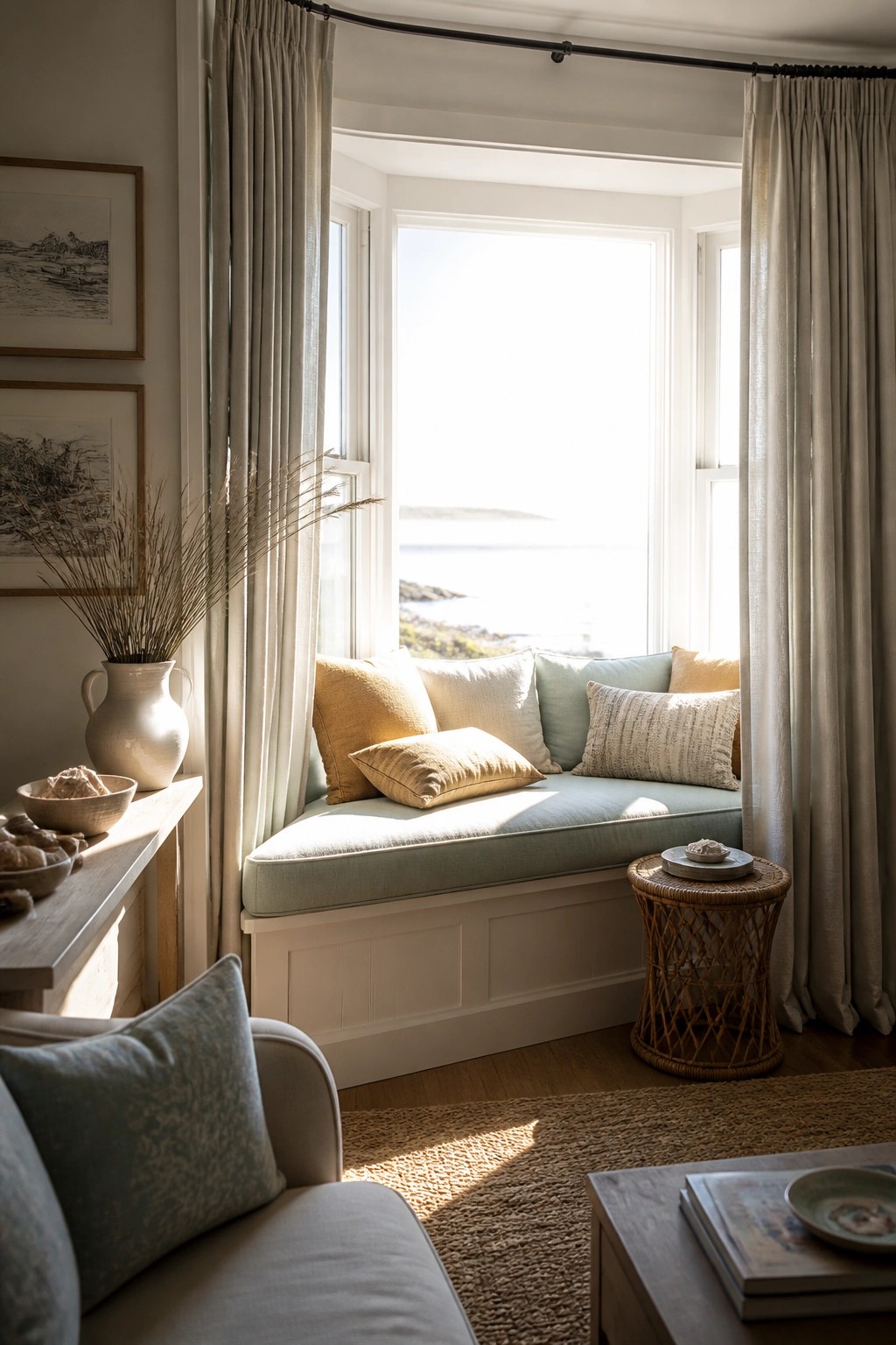 A bright living room corner with a built-in window seat in a bay window, dressed with light blue and mustard cushions, flanked by beige curtains and a woven side table.