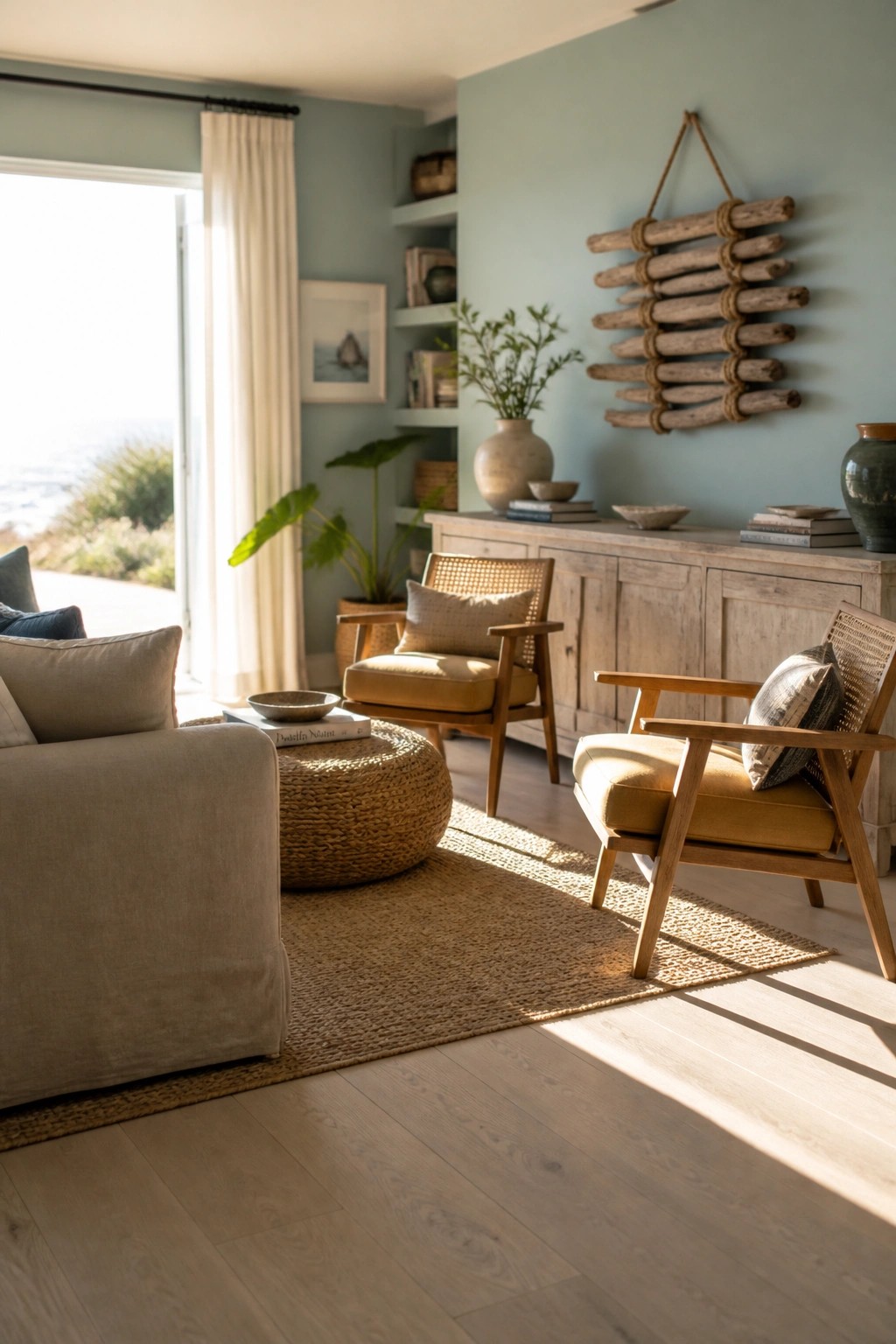 A living room with light blue walls, two mustard yellow armchairs with cane backs, a beige sofa, a jute rug, and a wooden sideboard.