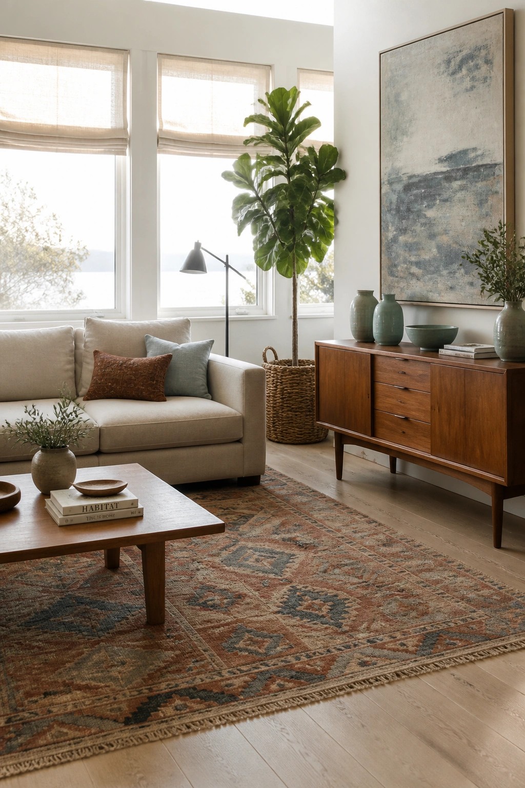 A living room with a beige sofa, wooden coffee table, large patterned rug in muted tones, wooden sideboard, and potted fiddle leaf fig plant.