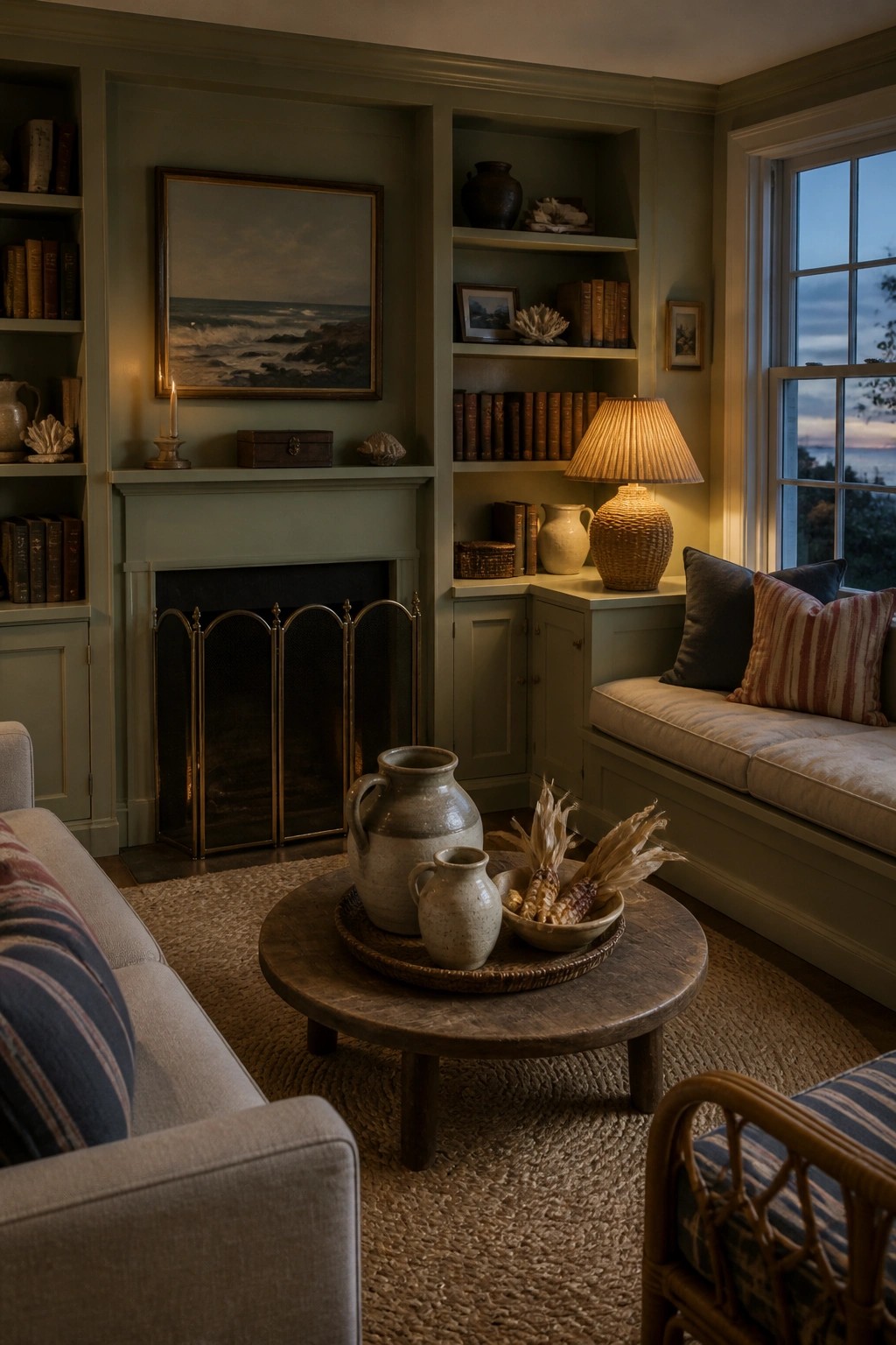 A living room interior with built-in green shelves flanking a fireplace, a round wooden coffee table holding pottery and dried corn, and a window seat on the right.