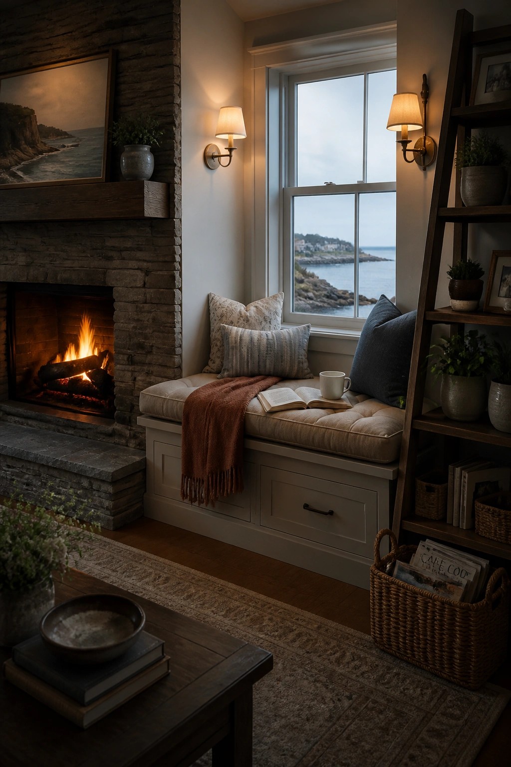 A living room corner with a stone fireplace, a built-in window seat with beige cushions and a rust throw, an open book and mug on the seat, and a wooden ladder shelf next to a large window showing the ocean.