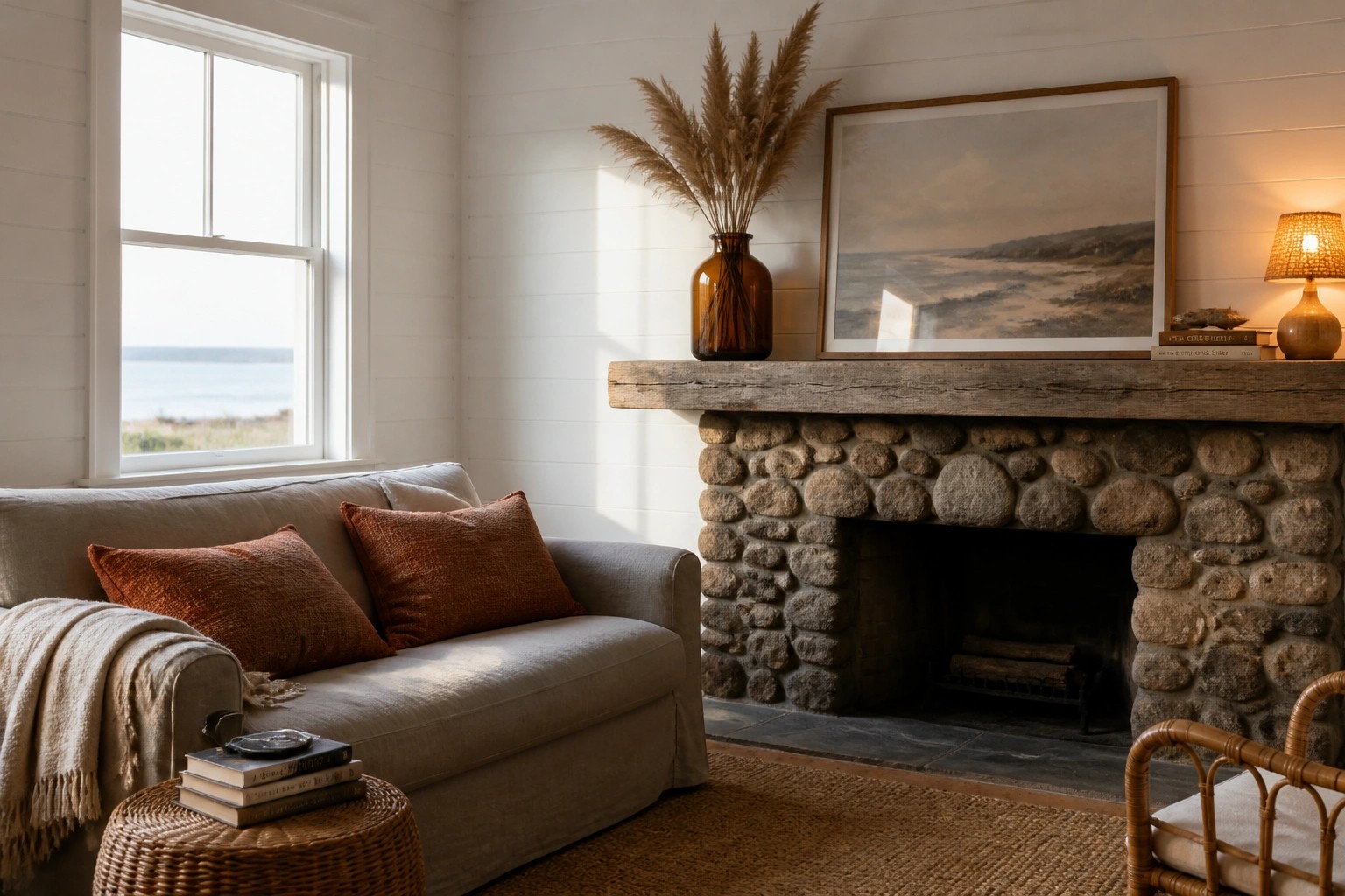 Cozy living room with gray sofa, stone fireplace, pampas grass, and ocean view.