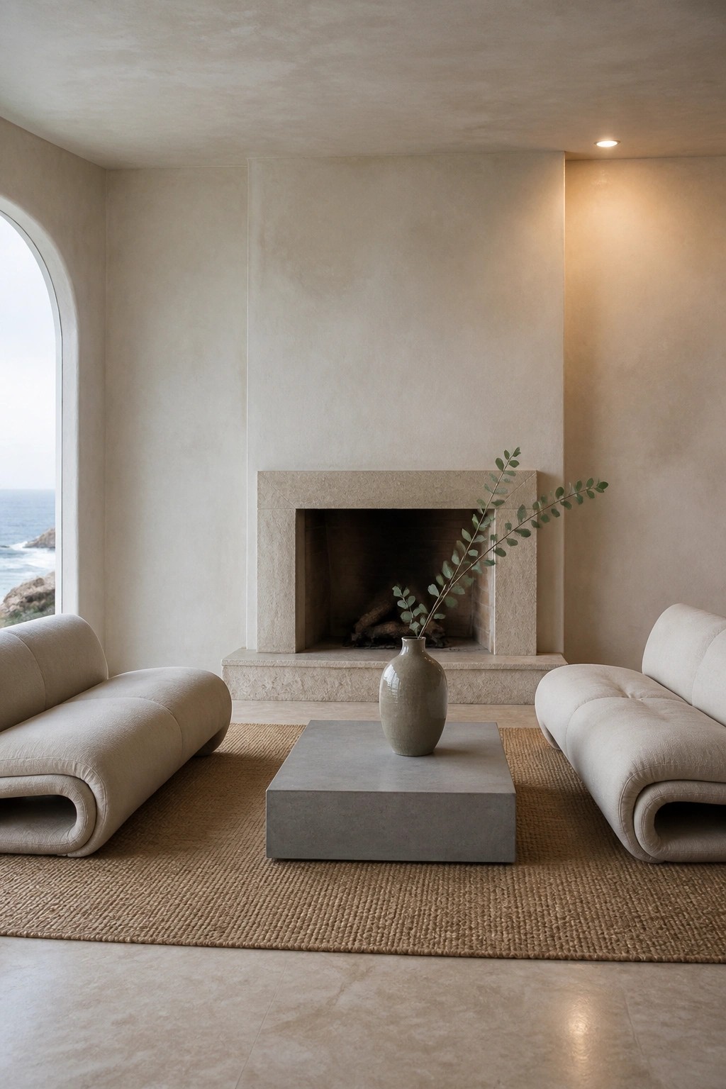 A living room with two beige upholstered sofas facing each other across a gray concrete coffee table, a stone fireplace behind them, and an ocean visible through an arched window on the left.
