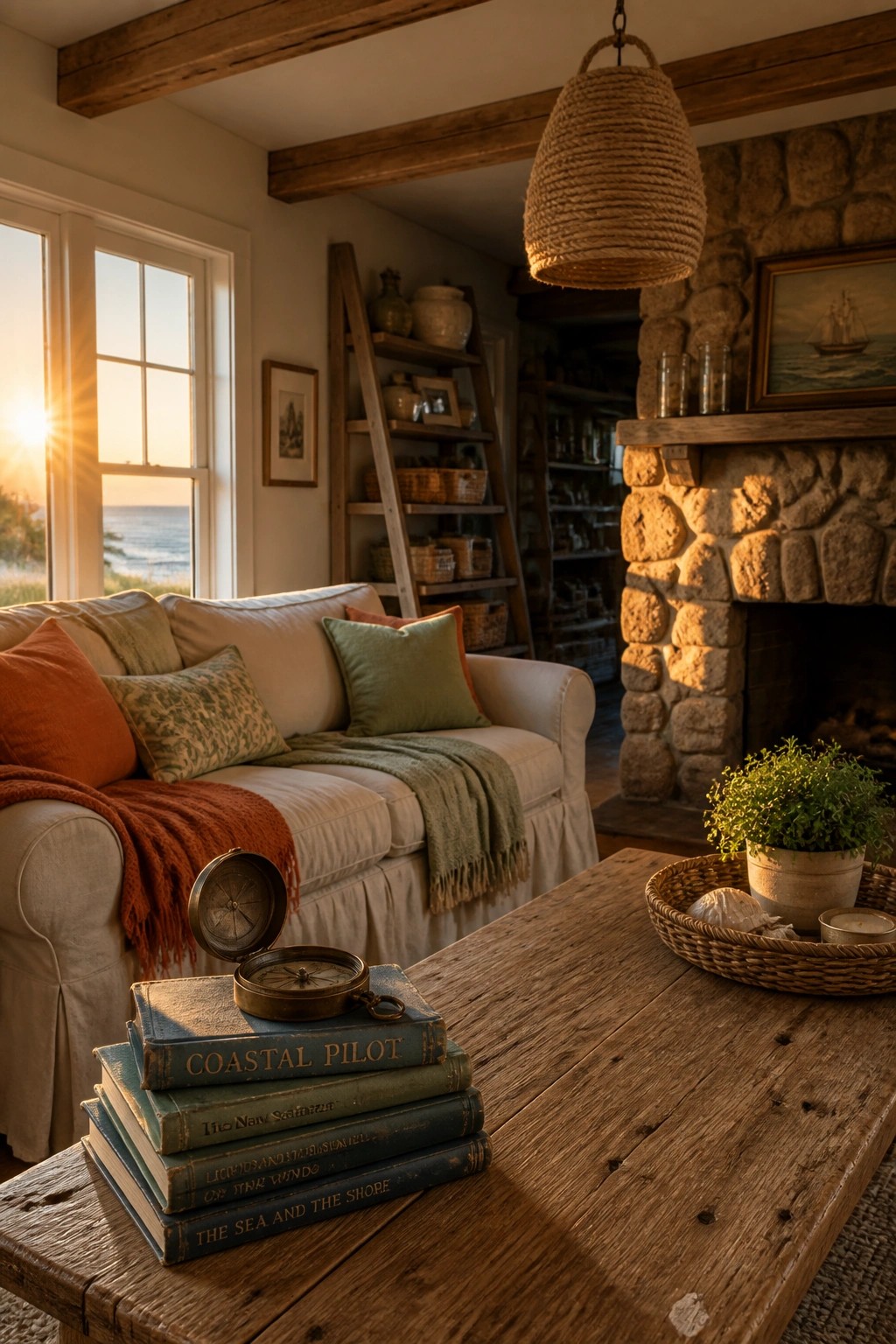 A coastal living room featuring a white sofa with rust and green pillows and throws, a wooden coffee table with stacked books and a compass, and a stone fireplace nearby.