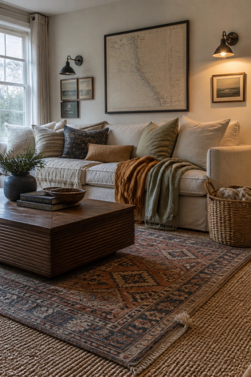A living room with a white sofa layered with muted autumn pillows and throws, a wooden coffee table, and a large patterned rug.