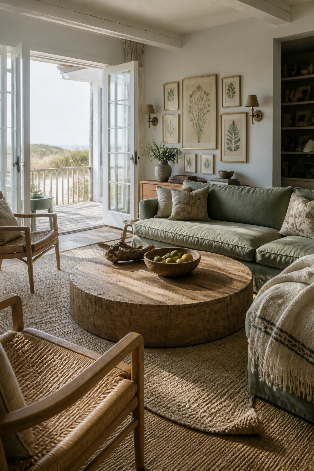 A living room featuring a muted green sectional sofa, round wooden coffee table, woven armchairs on a jute rug, and framed botanical prints on the wall, with open doors leading to a coastal deck.