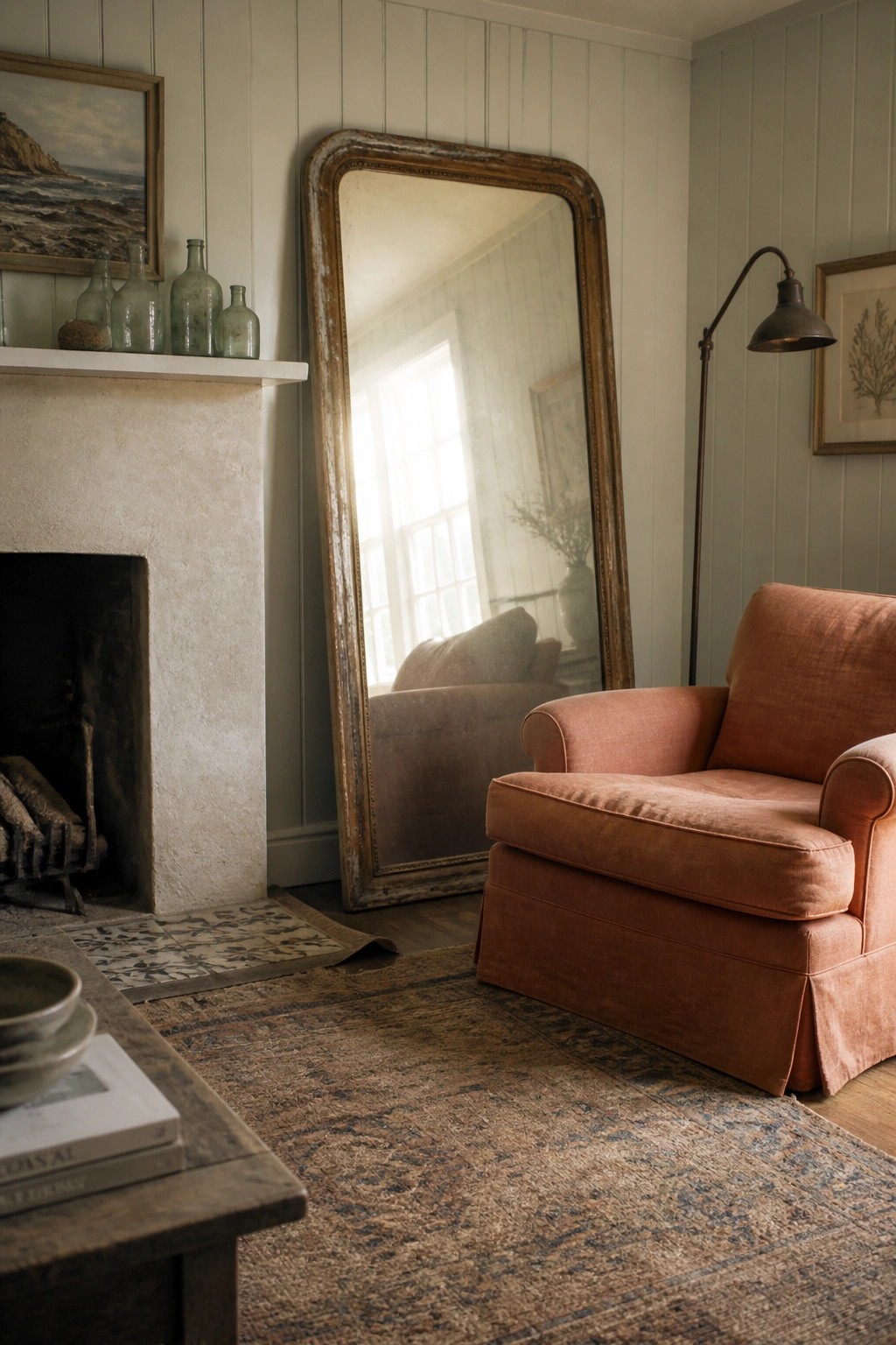A living room featuring a large antique mirror leaning against a wall beside a fireplace, with a rust-colored armchair and layered rugs on the floor.