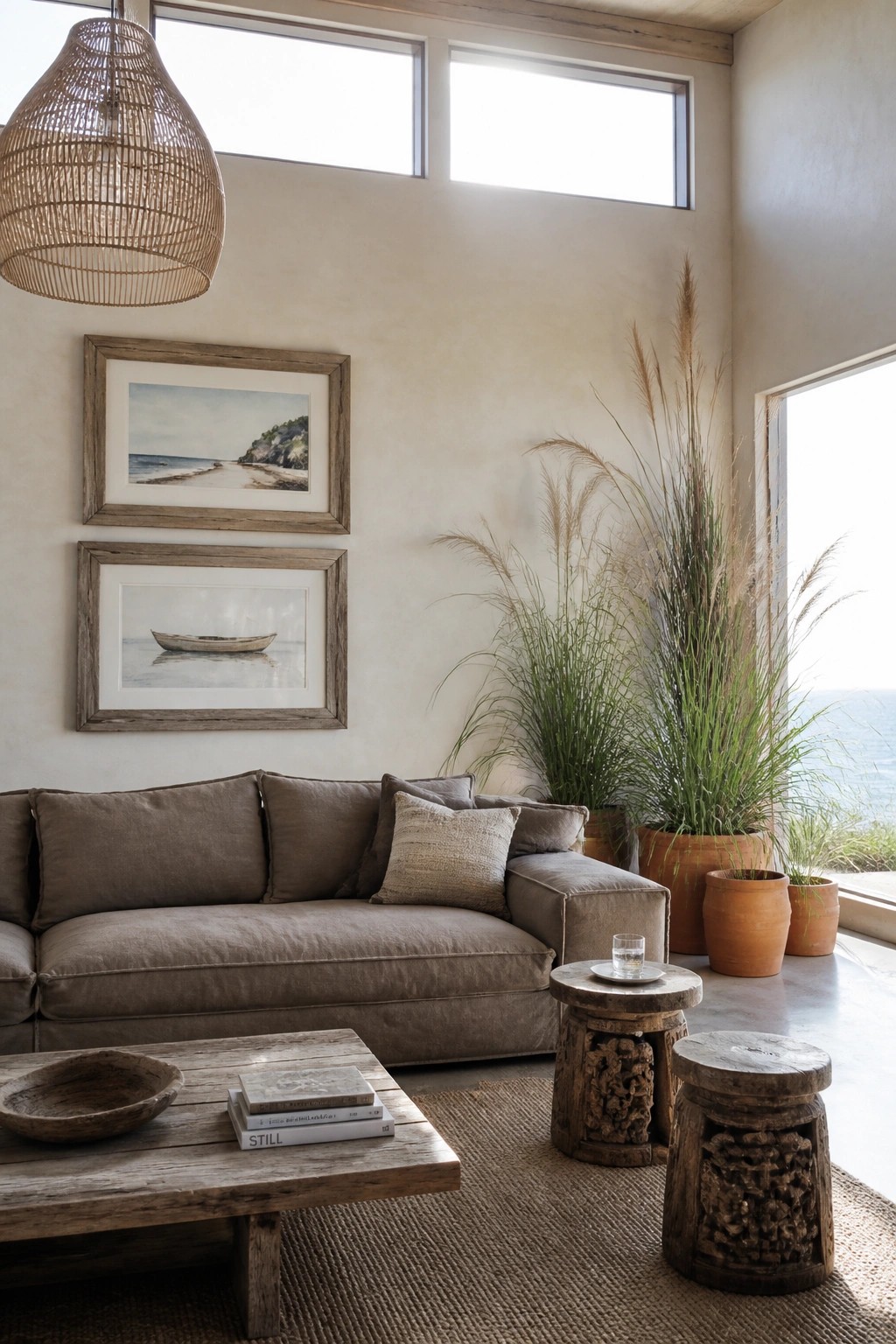 A coastal living room featuring a large brown sofa, wooden coffee table with books and a bowl, two carved wooden stools, framed coastal artwork on a beige wall, a woven pendant light, and tall potted grasses near windows with an ocean view.