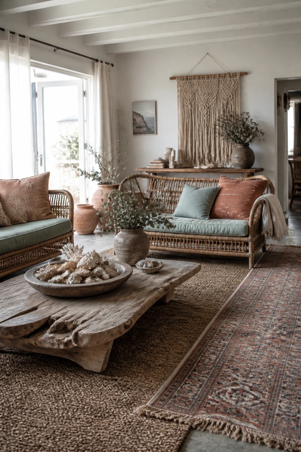 Rustic living room with rattan sofas, wooden coffee table, macrame wall hanging, and woven rugs.