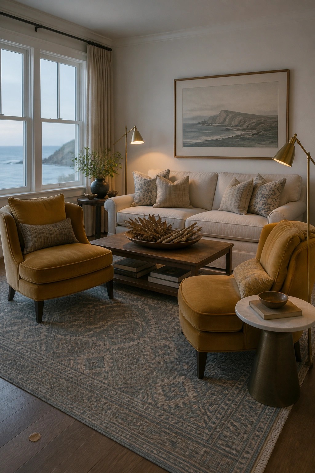 A coastal living room featuring a beige sofa, two mustard-yellow armchairs, a wooden coffee table on a patterned rug, and a large window with an ocean view.