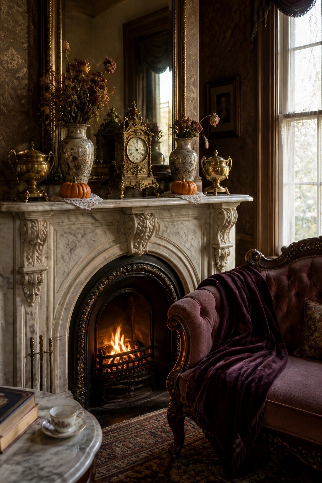 A marble fireplace with fall mantel decor including small pumpkins, floral arrangements, brass urns, and an ornate clock above a lit fire, next to a burgundy armchair.
