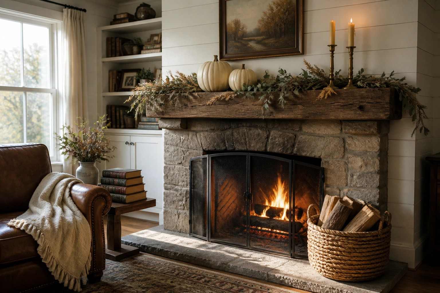 A stone fireplace with a wooden mantel holding two white pumpkins, a greenery garland, and brass candlesticks, with a stack of books on a nearby table and a leather chair to the right.