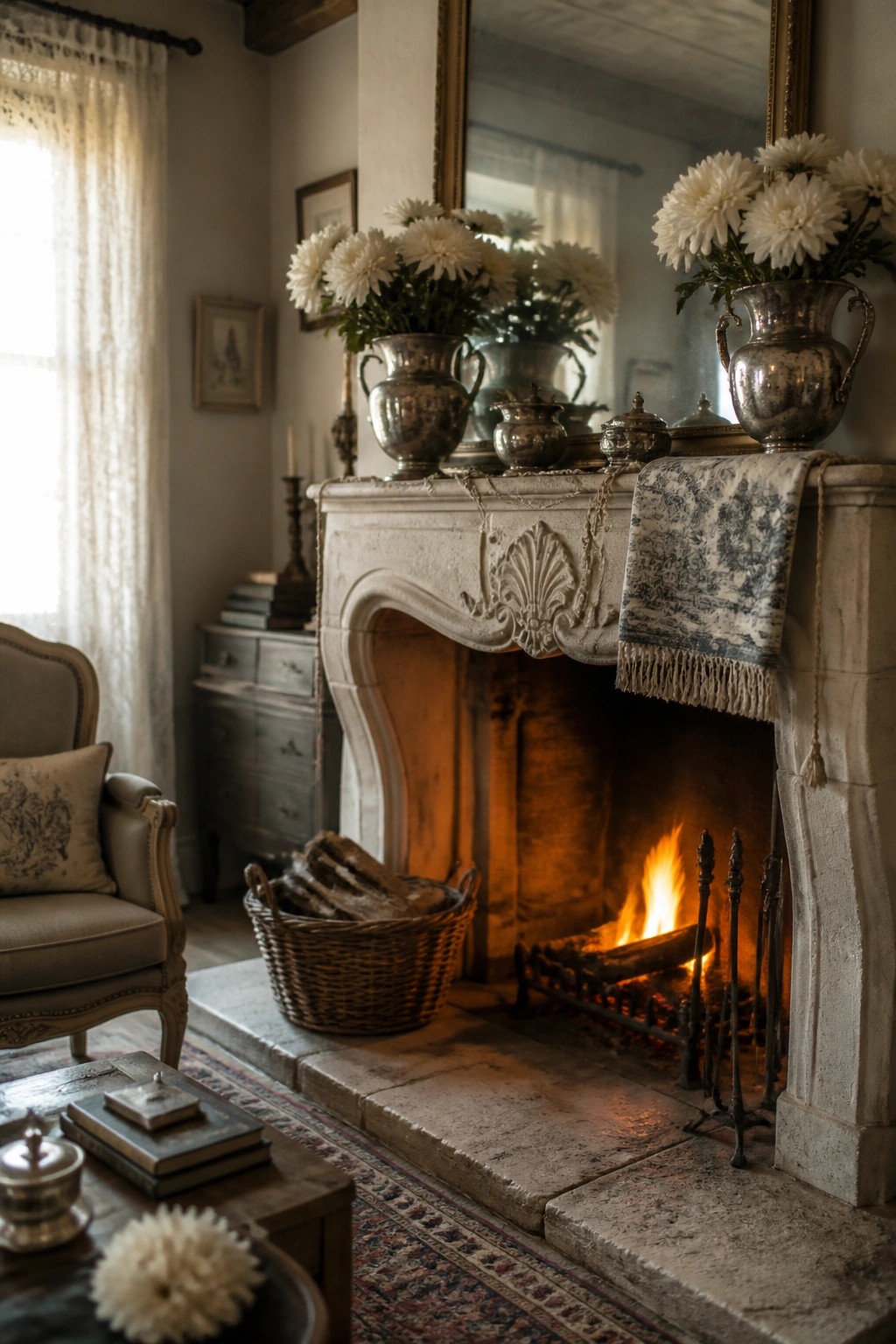 A stone fireplace mantel lined with several silver vases holding white flowers and a blue patterned textile draped on the right side.
