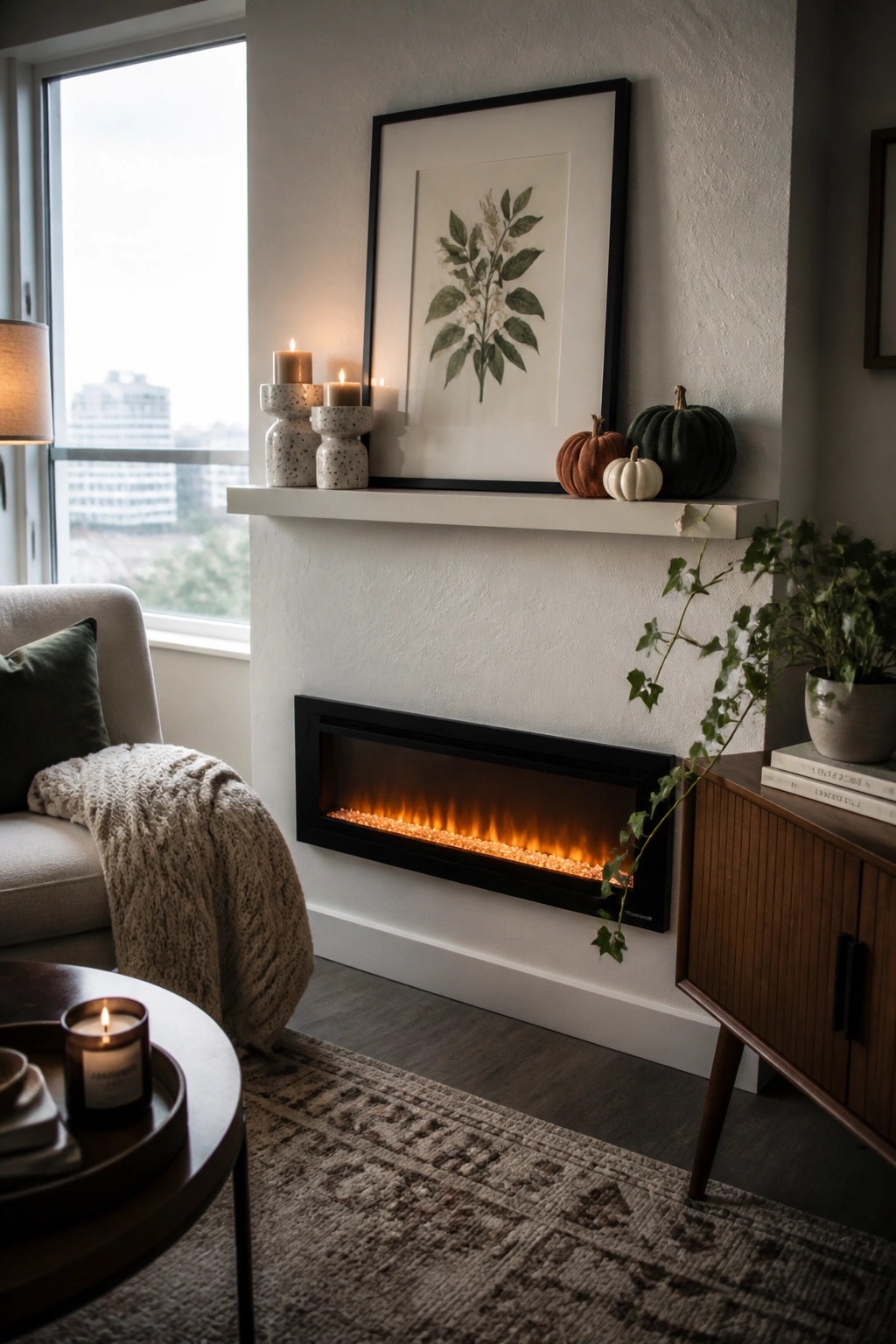 A modern living room shows a white mantel shelf above a black electric fireplace, decorated with speckled candle holders, a framed botanical print, and three small pumpkins in orange, white, and green.