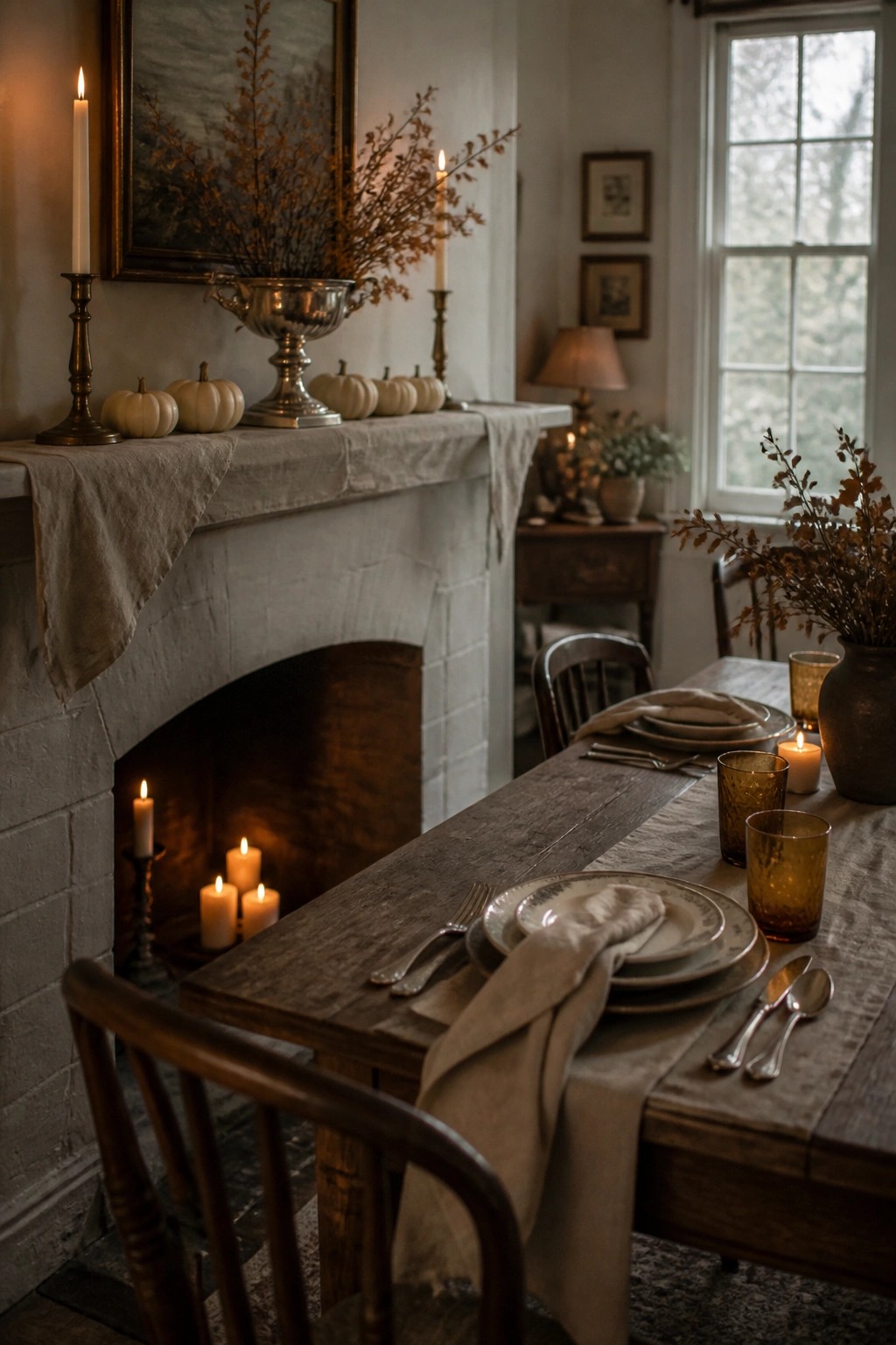 A stone fireplace mantel decorated with lit candles, white pumpkins, and a silver bowl filled with dried branches, with a wooden dining table set in front.