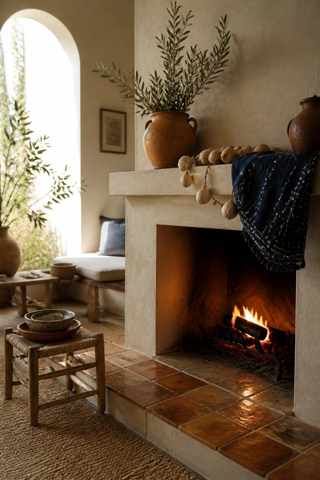 A lit fireplace with a stone mantel holding a terracotta pot of olive branches, a string of dried gourds, and a blue cloth draped on one side.