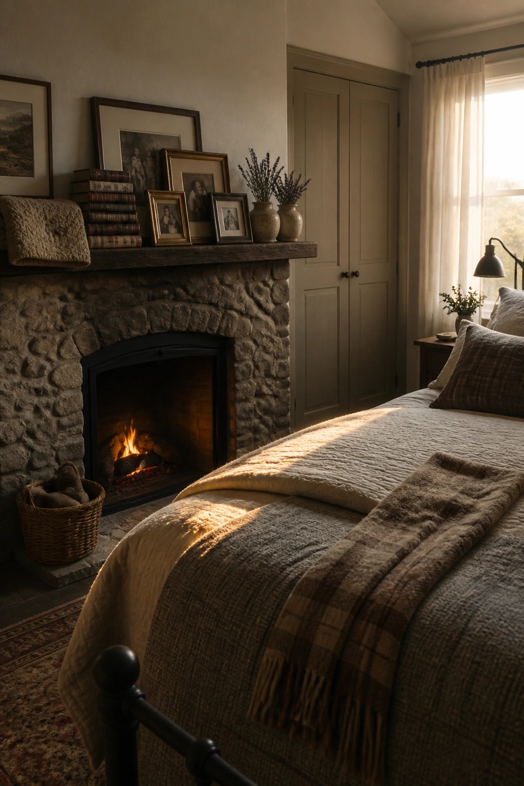A bedroom interior with a large stone fireplace and a wooden mantel holding stacks of books, framed photos, and two ceramic vases.