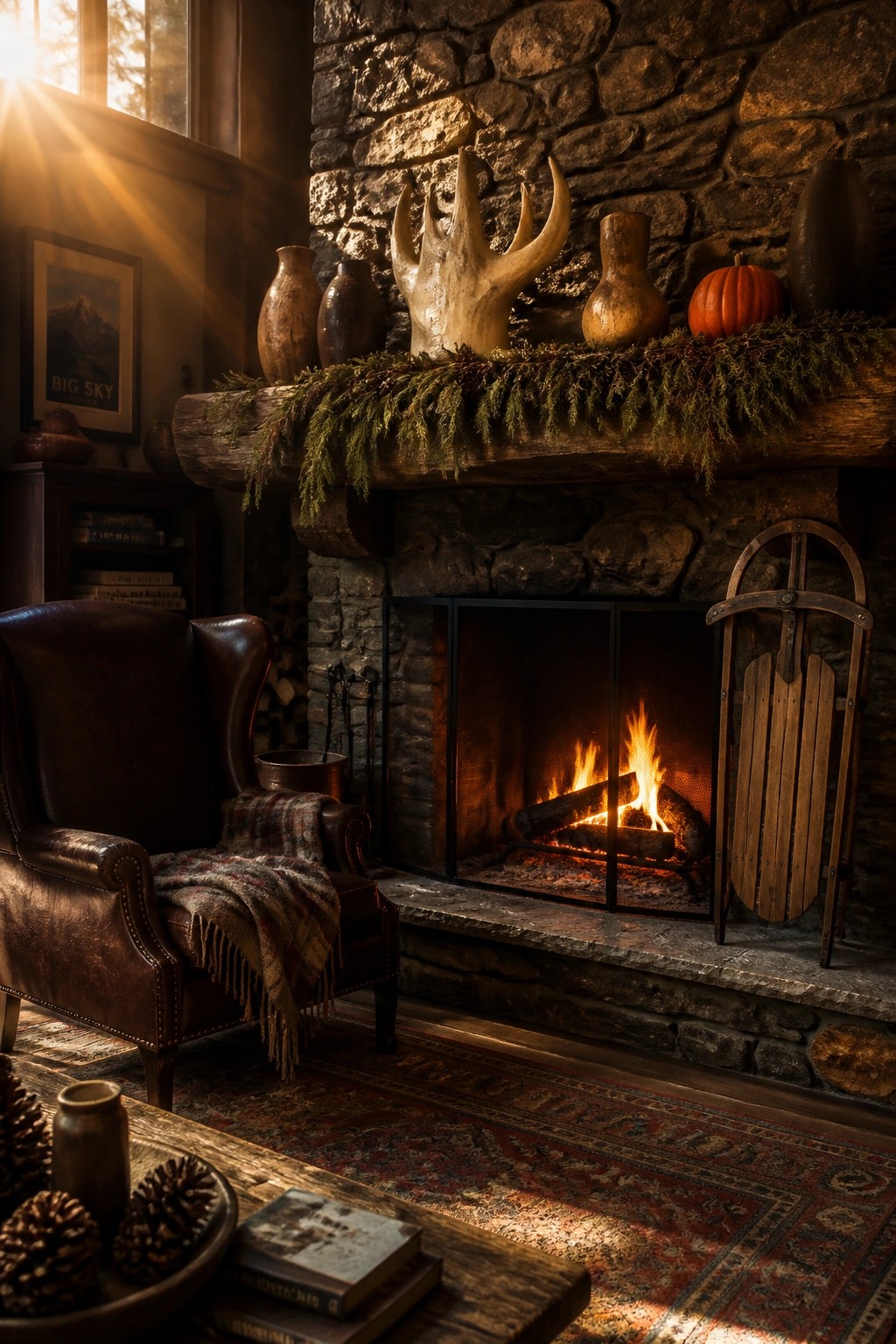 A stone fireplace with a burning fire, wooden mantel holding large antlers, pottery, a pumpkin, and greenery, beside a leather armchair with a plaid blanket.
