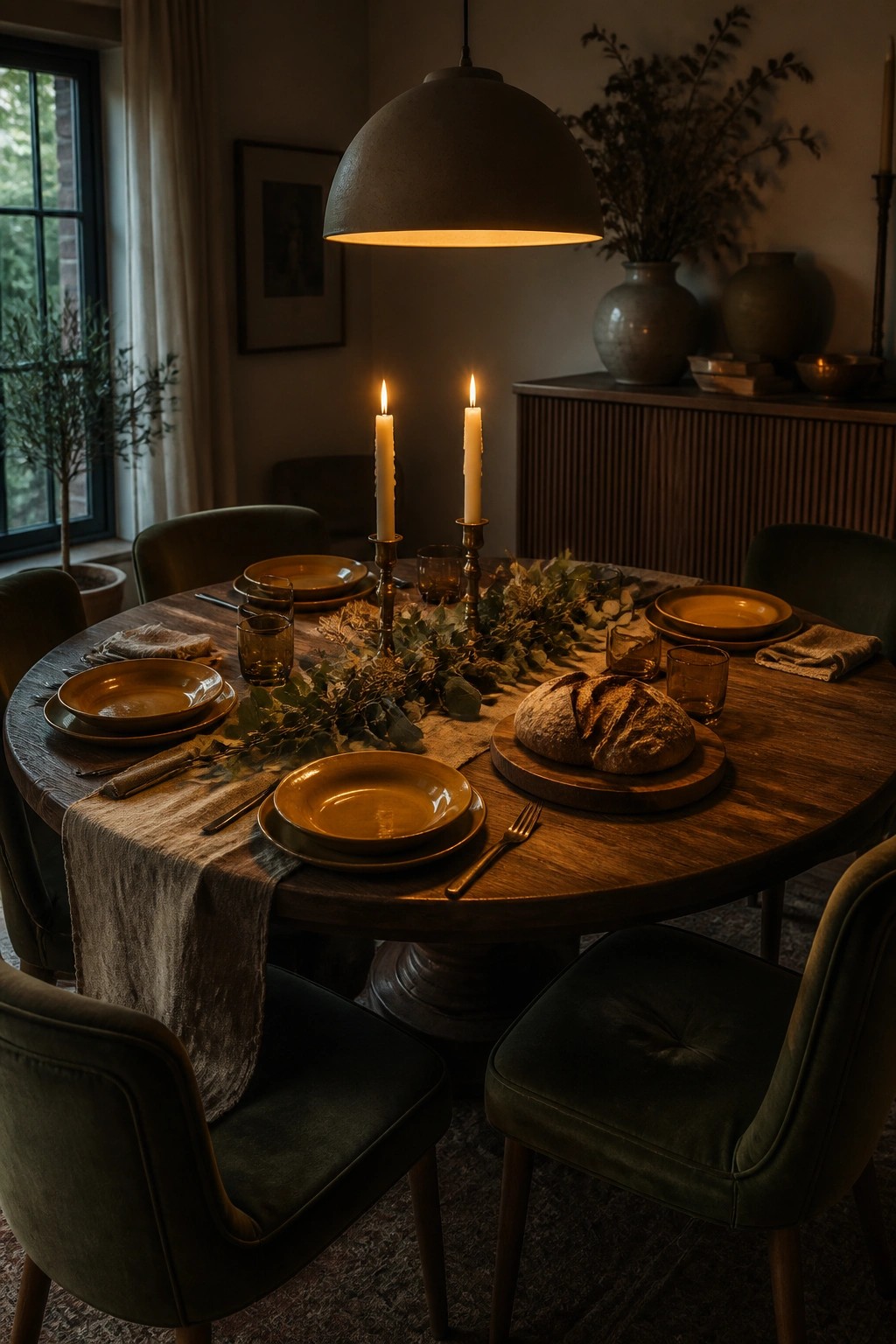 Round wooden table with yellow plates, lit candles, bread, and greenery in dim light