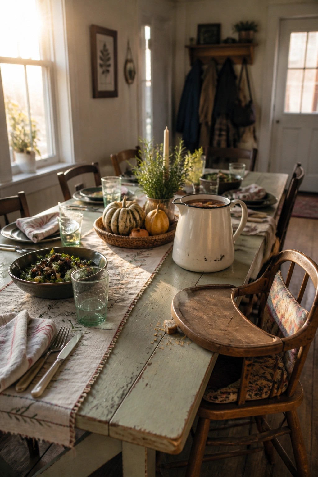 A rustic dining table set for a meal with plates, glasses, a white pitcher, bowls of food, and a basket of pumpkins and greenery arranged on a long table runner.