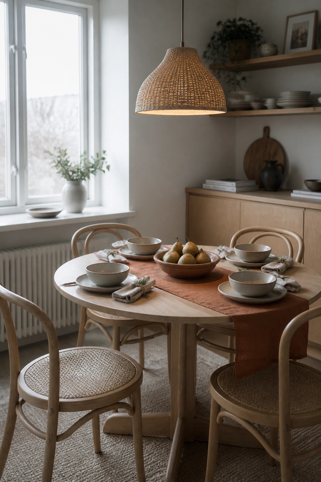 A round wooden dining table with a terracotta runner, ceramic bowls, pears, and woven chairs in a light-filled room.