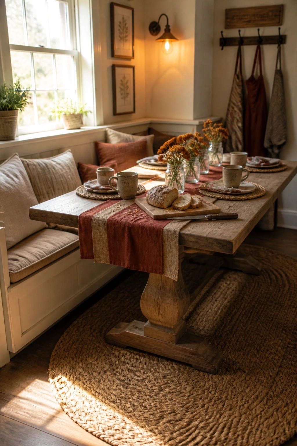 A wooden dining table set with a red and burlap runner, ceramic mugs, sliced bread on a board, and jars of orange flowers in a room with a built-in bench and woven rug.