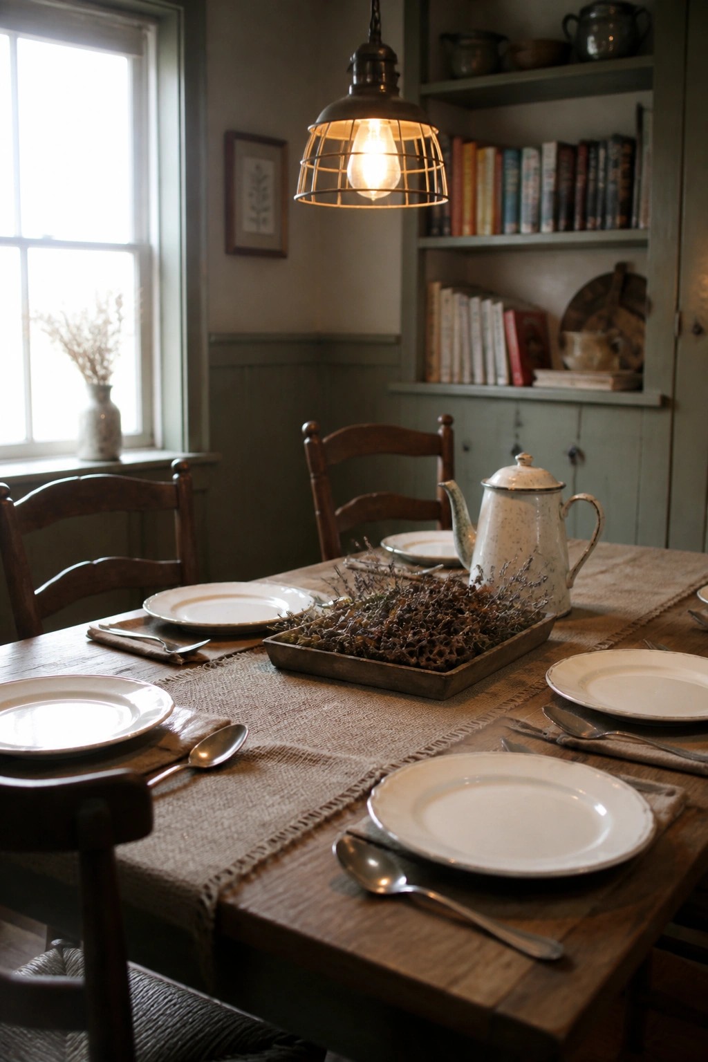 A rustic wooden dining table set with white plates, cutlery on napkins, and a burlap runner holding a metal tray of dried foliage beneath a hanging caged light.