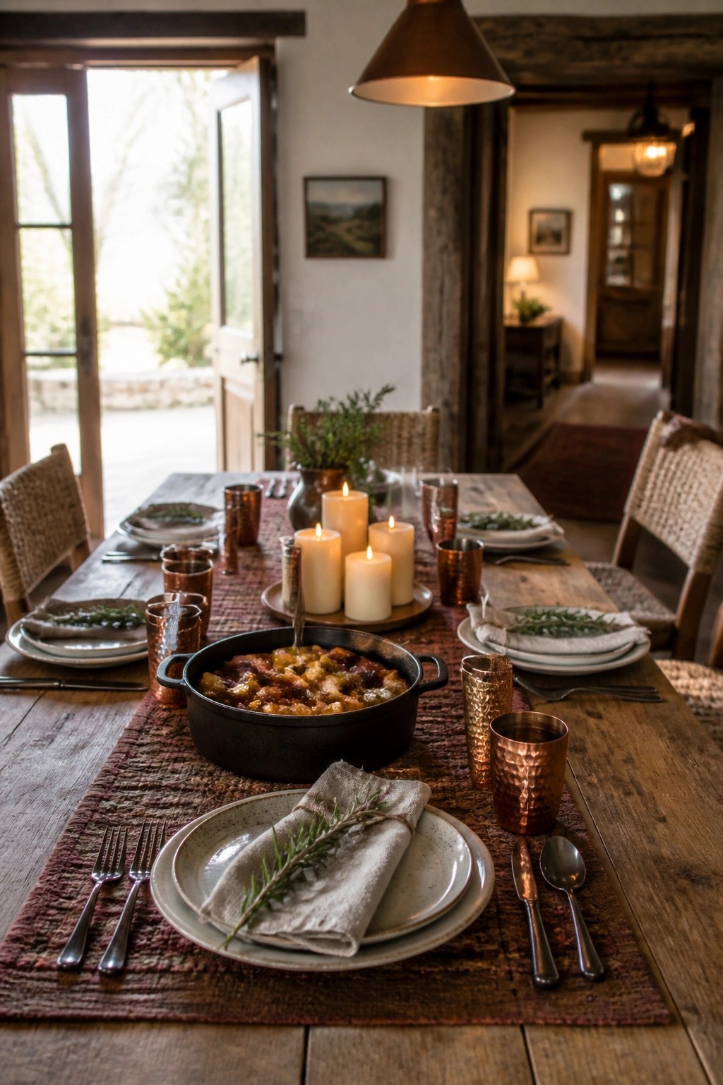 A rustic wooden dining table set for a meal with white plates, copper mugs, linen napkins, and a central black pot surrounded by several lit white pillar candles.