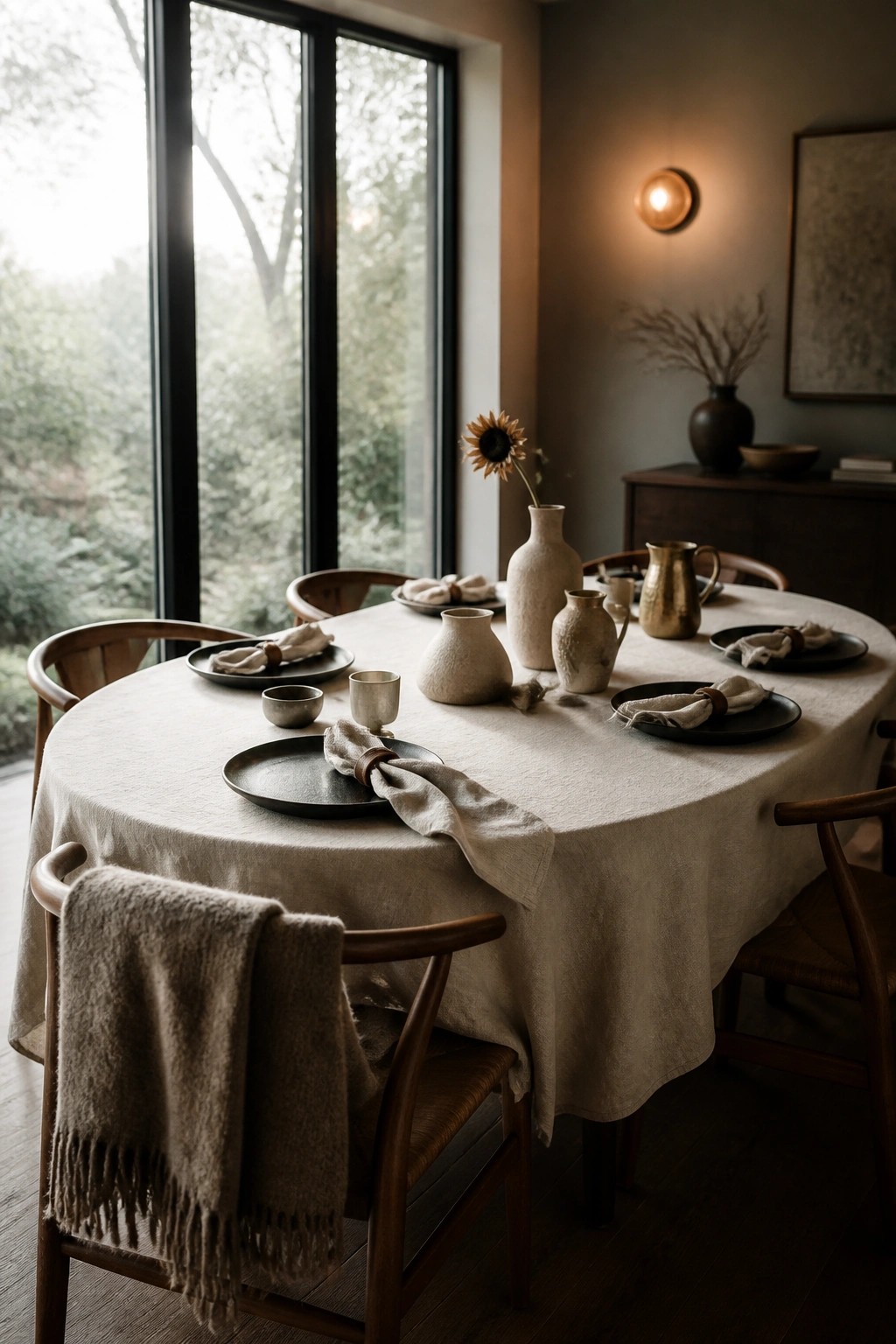 A round dining table set with a beige linen tablecloth, dark plates, tied napkins, and ceramic vases sits in a room with wooden chairs and large windows.
