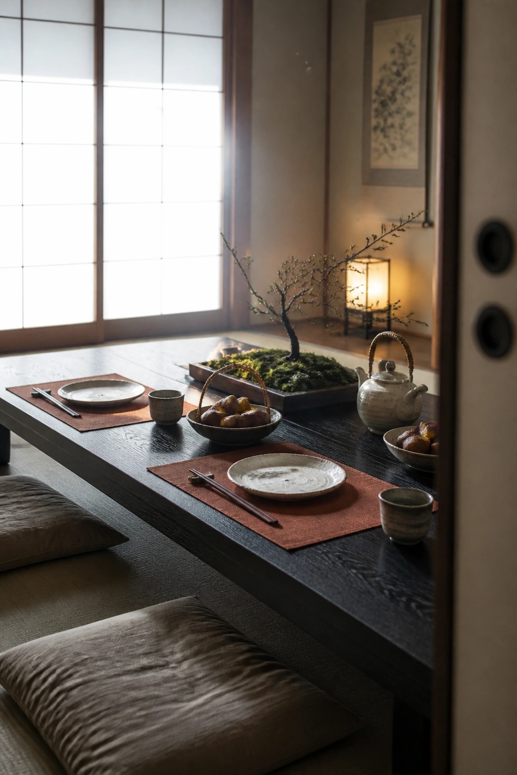 A low dark wooden dining table set with ceramic plates, bowls of fruit, and chopsticks on floor cushions in a Japanese-style room with shoji screens.
