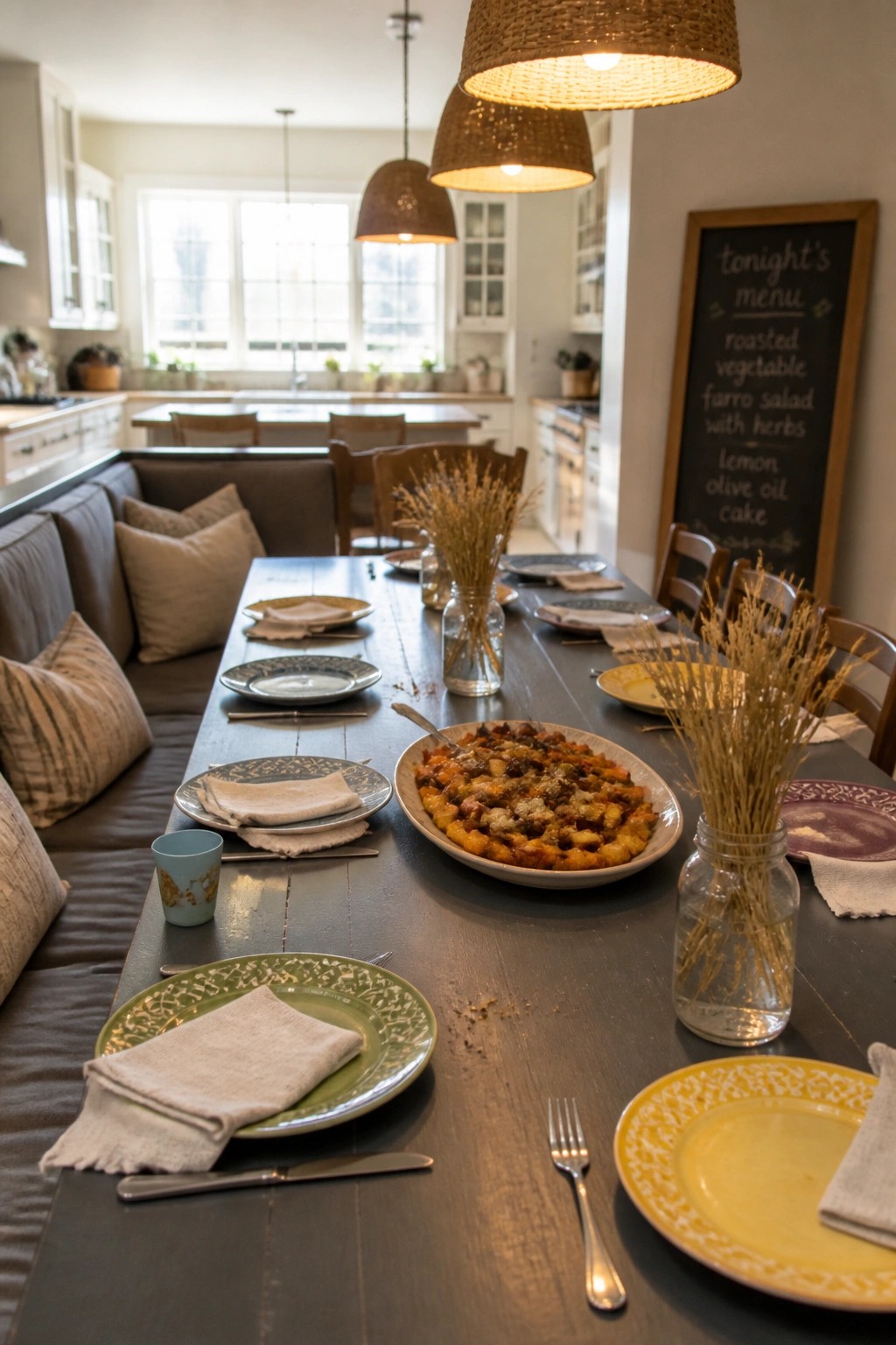A long wooden dining table set with mismatched colorful plates, napkins, silverware, a baked vegetable dish, and glass jars of dried wheat, beside a chalkboard menu in a kitchen dining area.