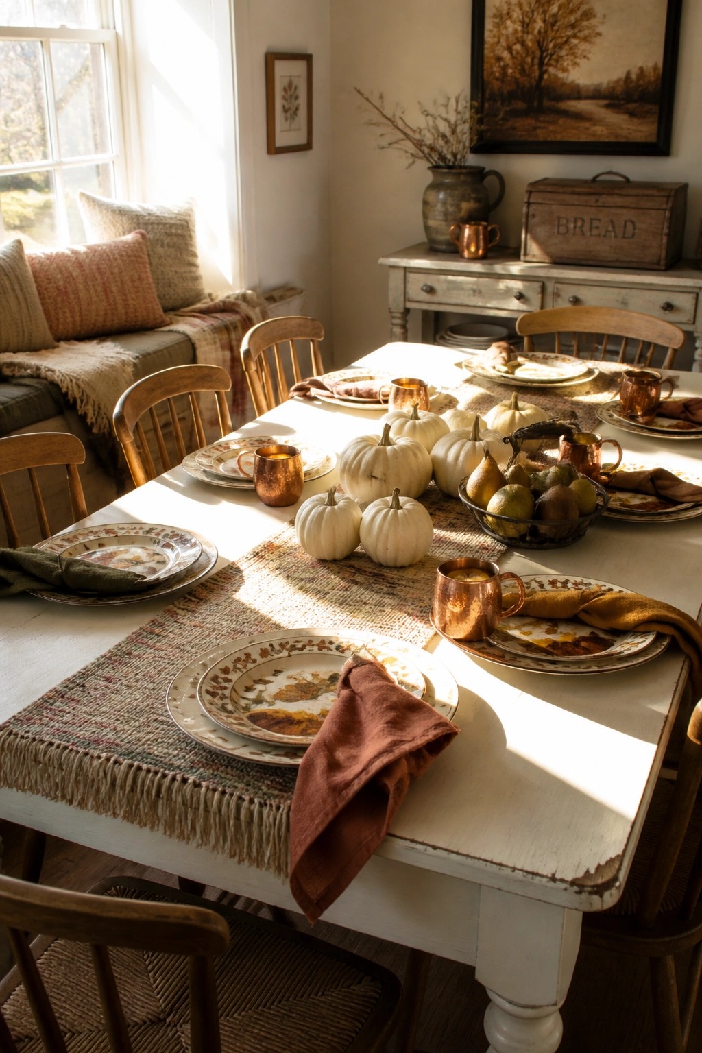 A white wooden dining table set with patterned plates, copper mugs, white pumpkins, a bowl of pears, and rust-colored napkins on a woven runner.