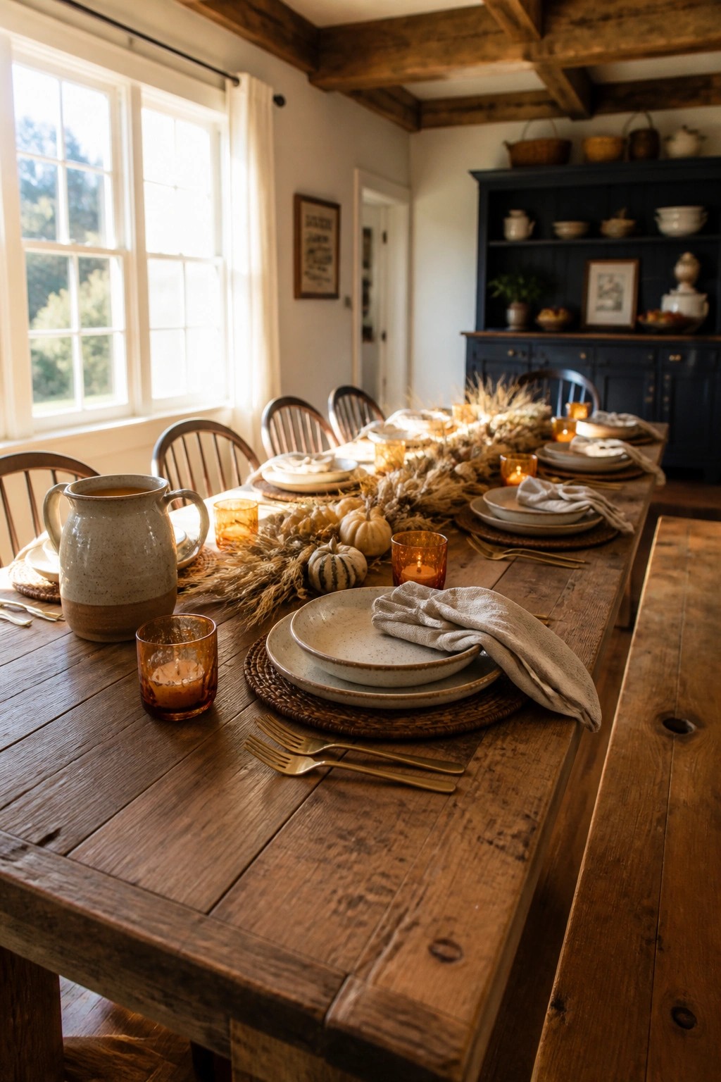 Rustic wooden table set with autumn pumpkins, candles, plates, and dried florals