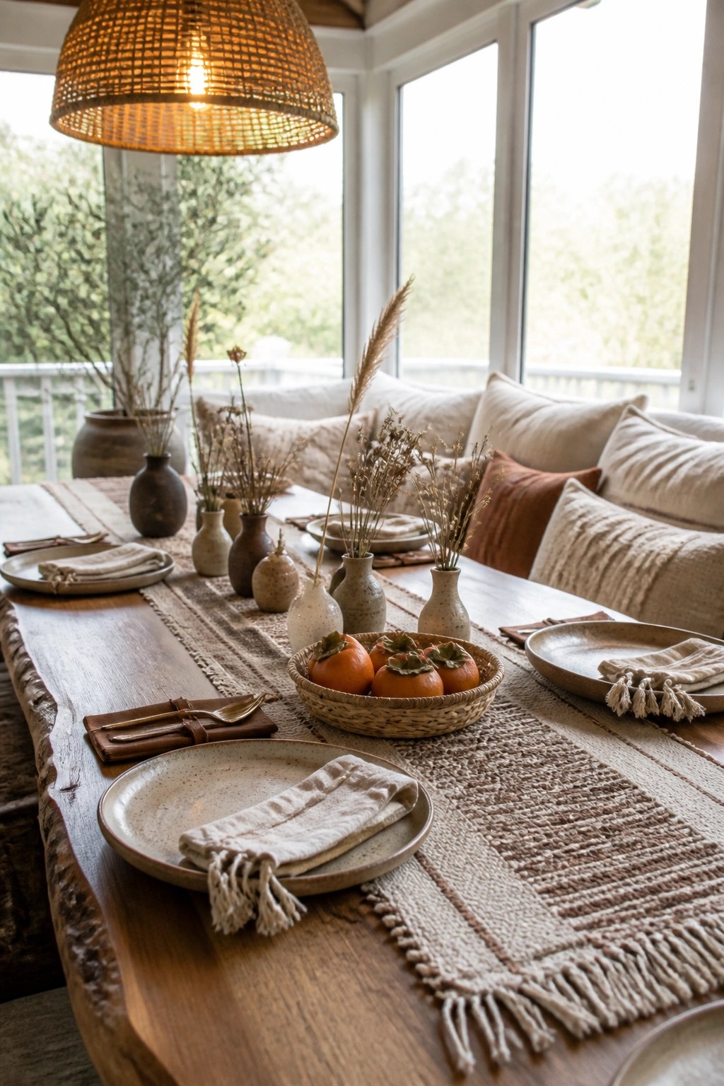 A wooden dining table set with neutral ceramic plates, linen napkins, a woven runner, small ceramic vases holding dried grasses, and a basket of persimmons.