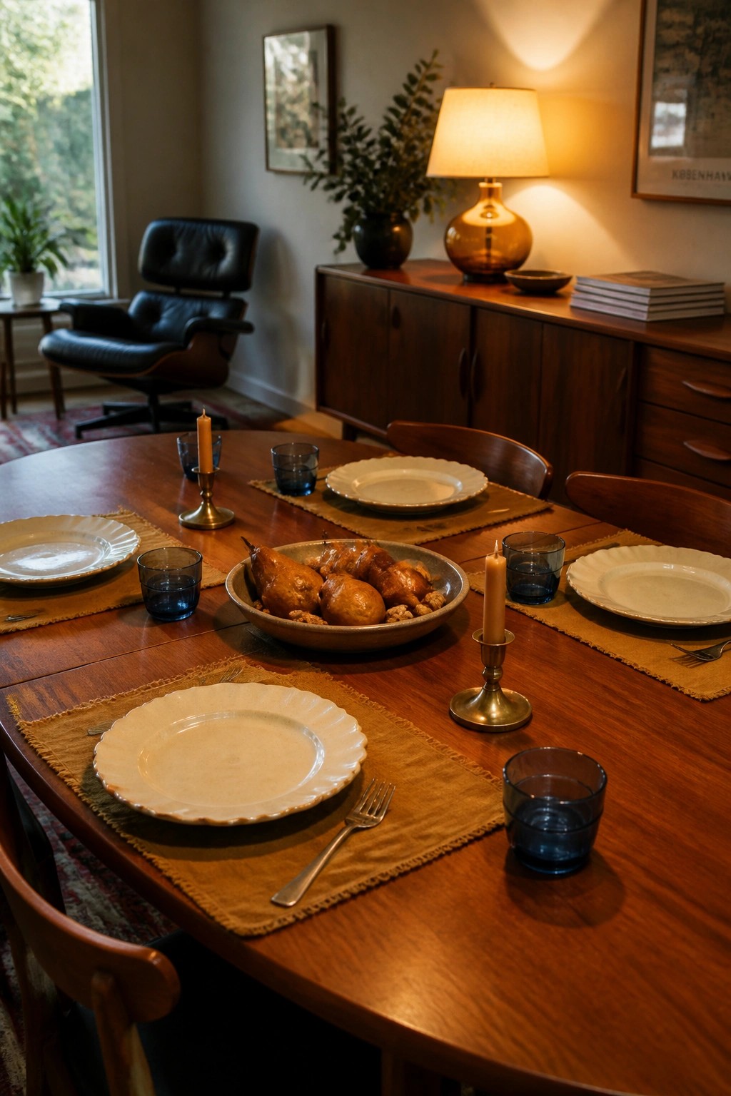 A round wooden dining table set with linen placemats, ceramic plates, blue glassware, and lit candles, with a central bowl of roasted pears.