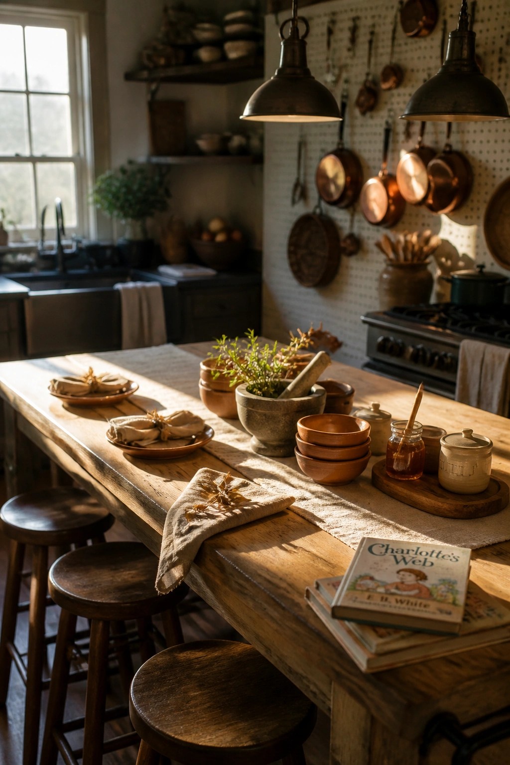 A rustic kitchen features a long wooden table set with linen napkins, ceramic plates, stacked wooden bowls, a mortar and pestle, and a book titled Charlotte's Web.