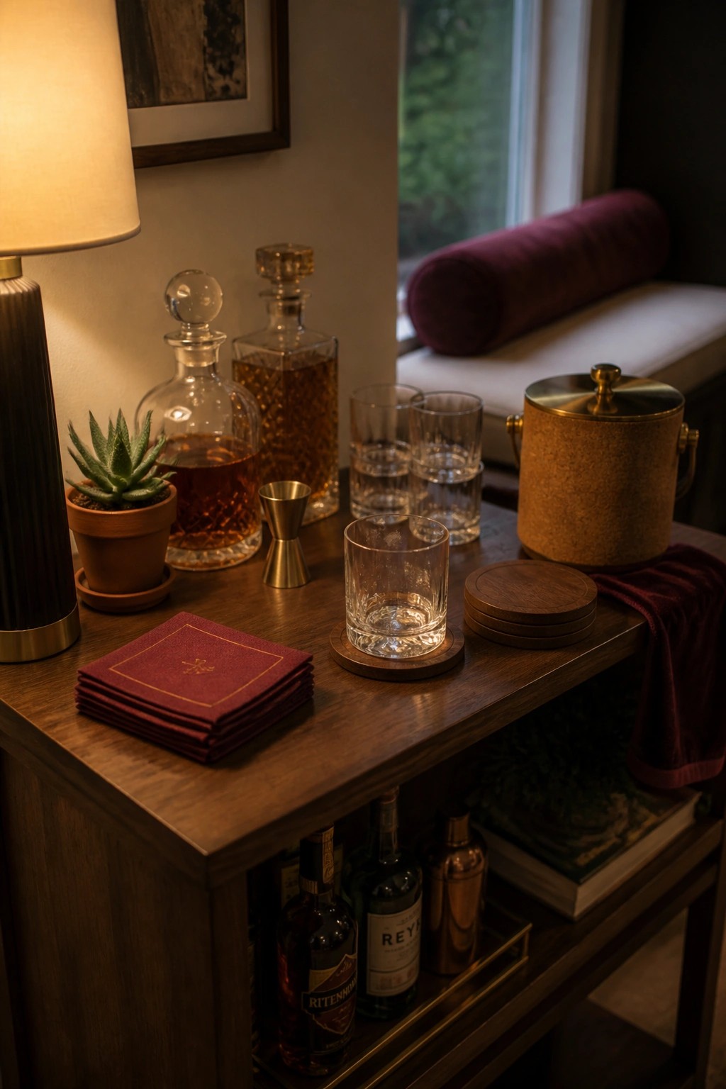 A wooden console table displays glass decanters filled with amber liquid, drinking glasses on coasters, a stack of burgundy napkins, a potted plant, and an ice bucket.