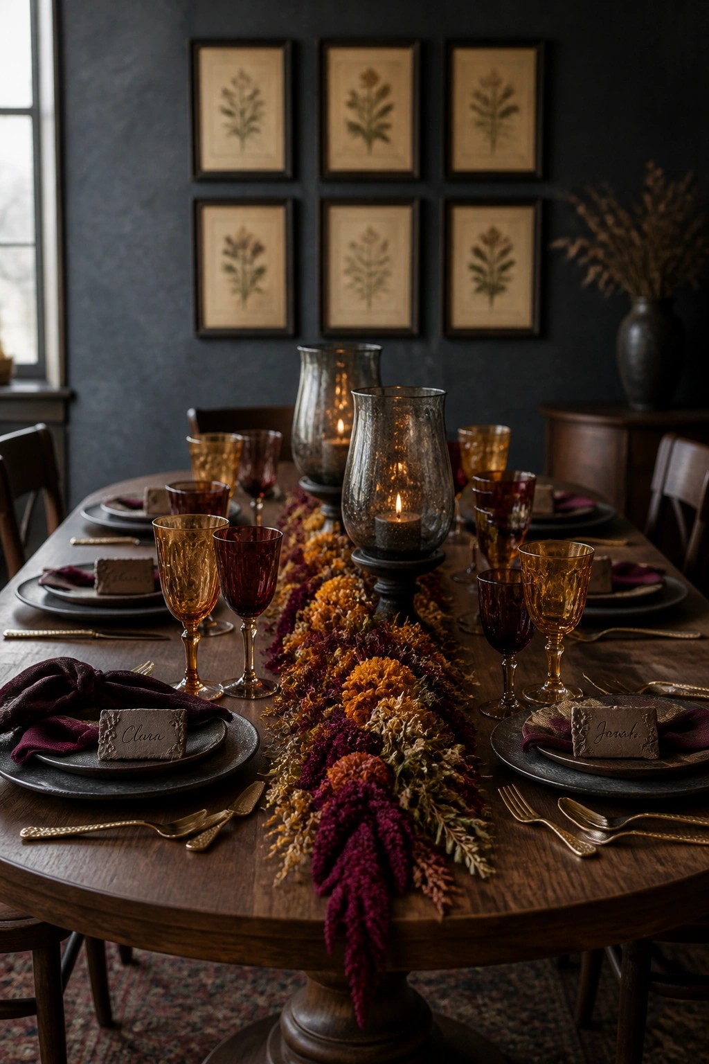 A wooden dining table set for a meal with dark plates, amber and burgundy glassware, gold flatware, name cards, and a long centerpiece runner of dried flowers in burgundy, orange, and gold tones.