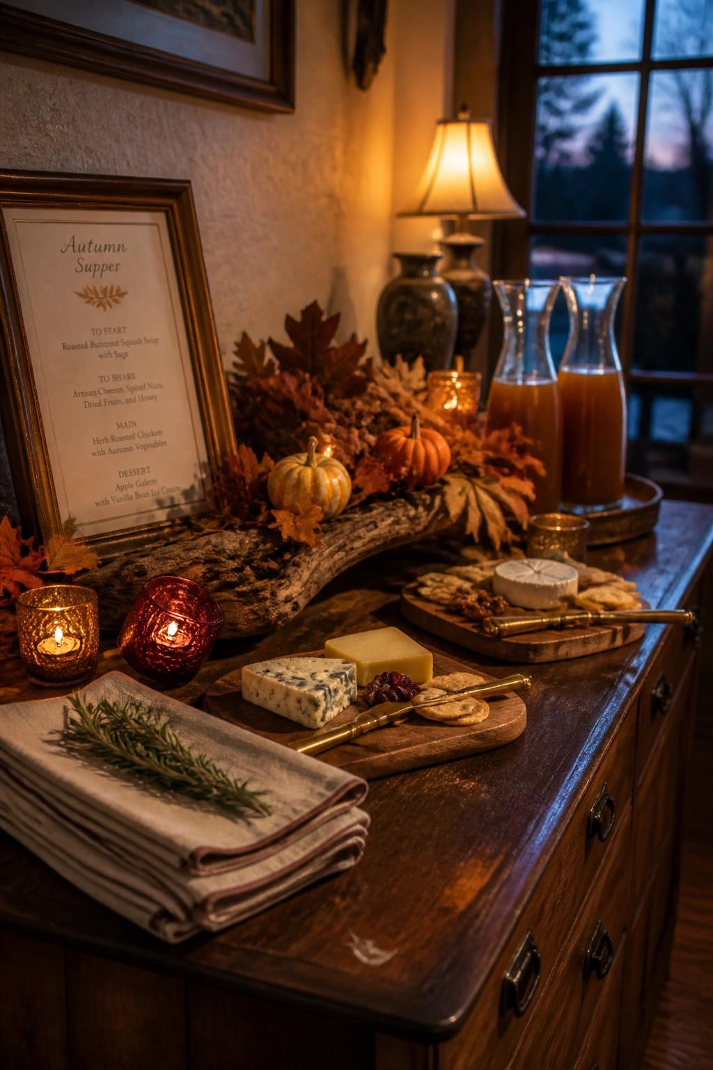 Rustic autumn table with cheese boards, menu, pumpkins, and glowing candles