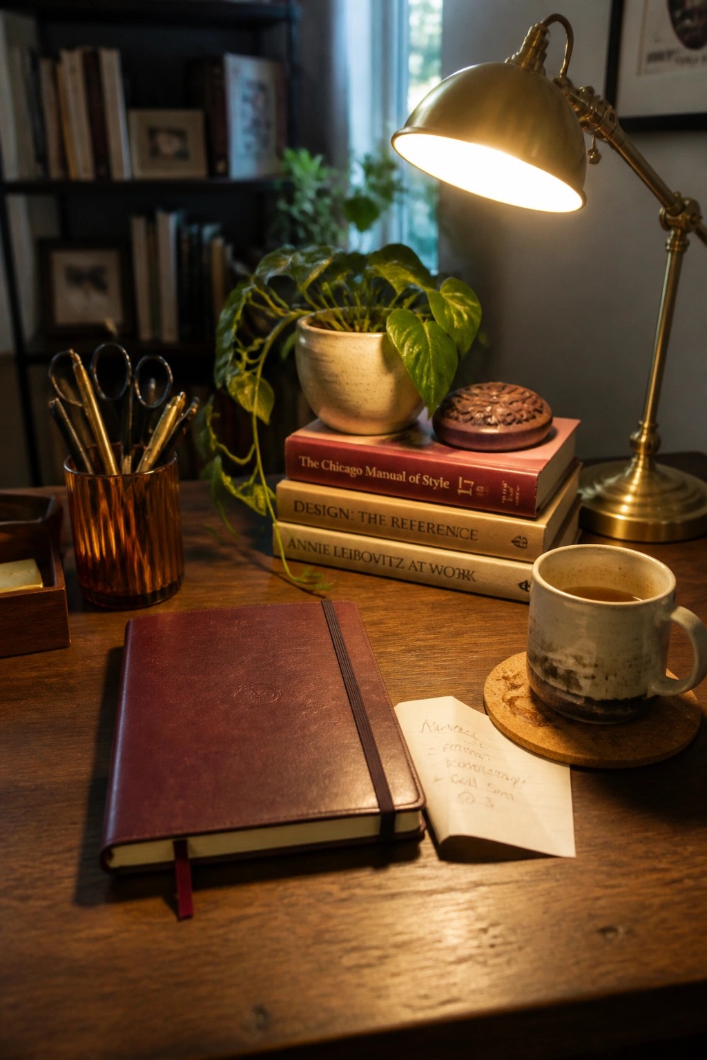 Wooden desk with maroon leather notebook, stacked books, lit brass lamp, and coffee mug.