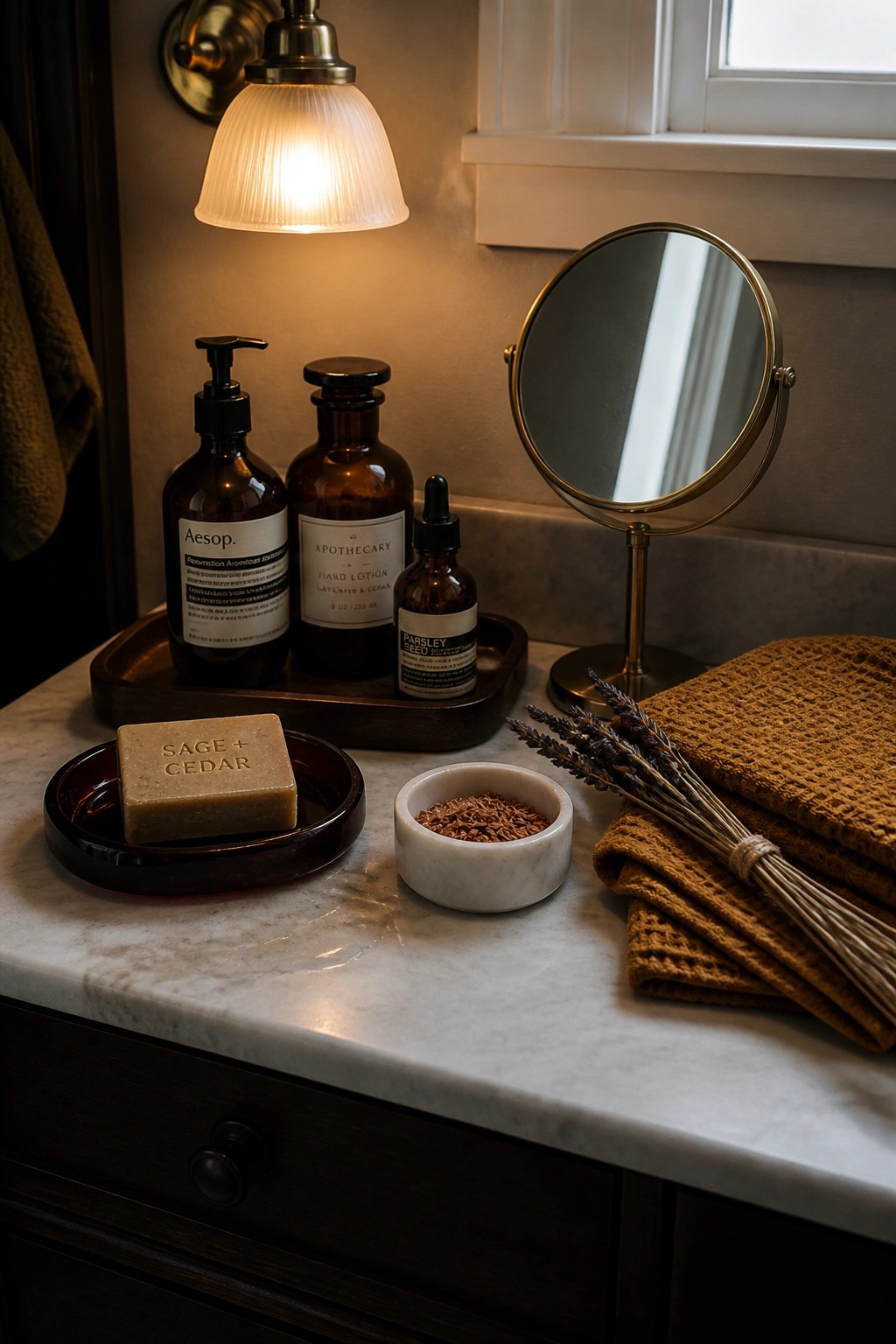 Vanity with amber bottles, sage cedar soap, mirror, and mustard towels on marble