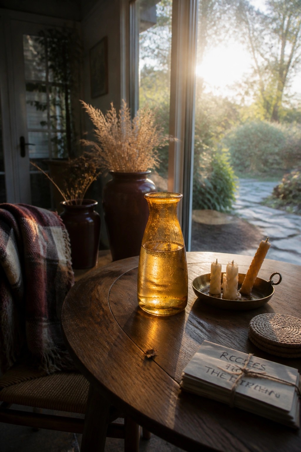 A round wooden table in a sunlit room holds an amber glass carafe with water, a brass tray of candles, and a tied stack of recipe cards, with dried grasses and a plaid blanket nearby.