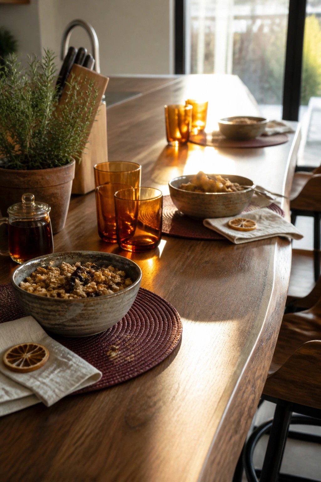 A wooden kitchen counter with amber glassware, burgundy placemats, ceramic bowls, and a potted herb plant.