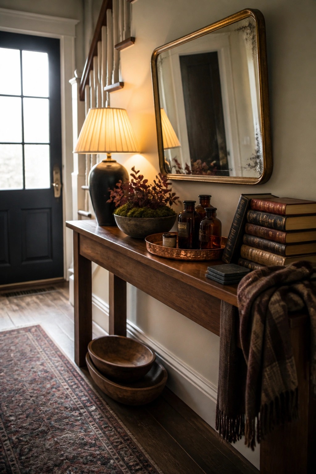 Wooden console table with lamp, mirror, books, amber bottles, and plaid throw in entryway