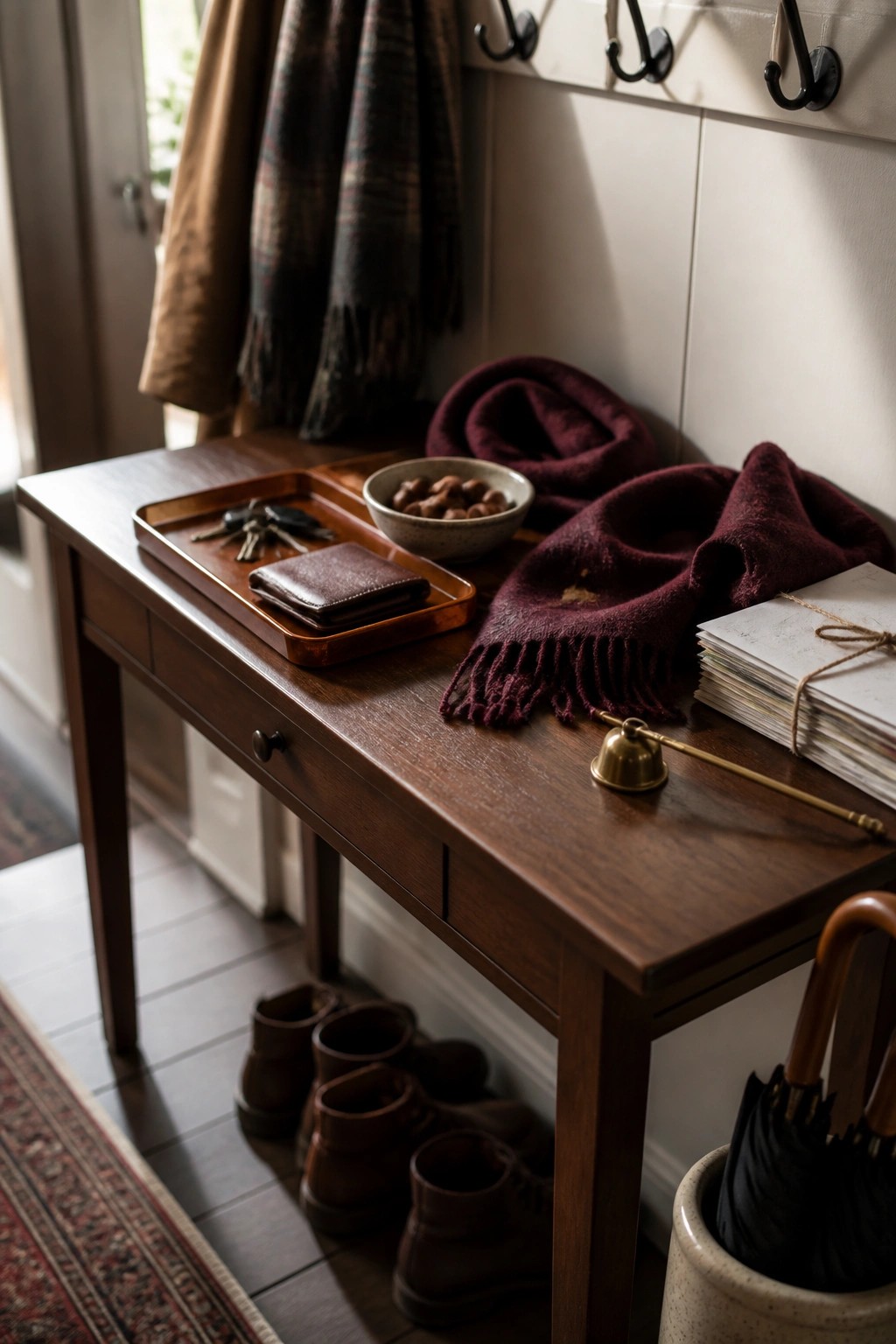 A dark wood console table in an entryway holds a wooden tray with keys and a wallet, a bowl of nuts, burgundy scarves, a brass bell, and tied papers, with boots underneath and wall hooks above.