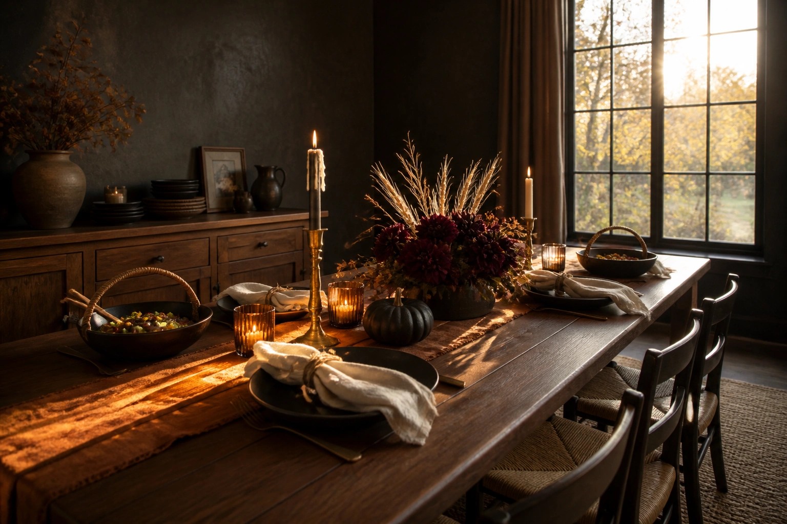 Rustic wooden table with lit candles, black pumpkins, and autumn floral centerpiece
