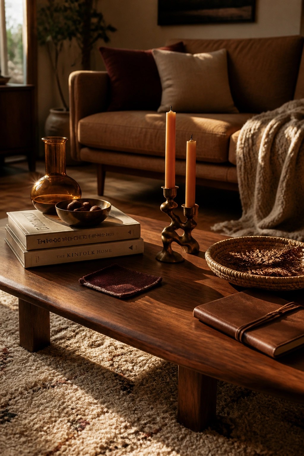 A wooden coffee table holds stacked books, an amber glass vase, a small bowl, brass candlesticks with orange candles, a woven basket, and a leather notebook in front of a brown sofa.