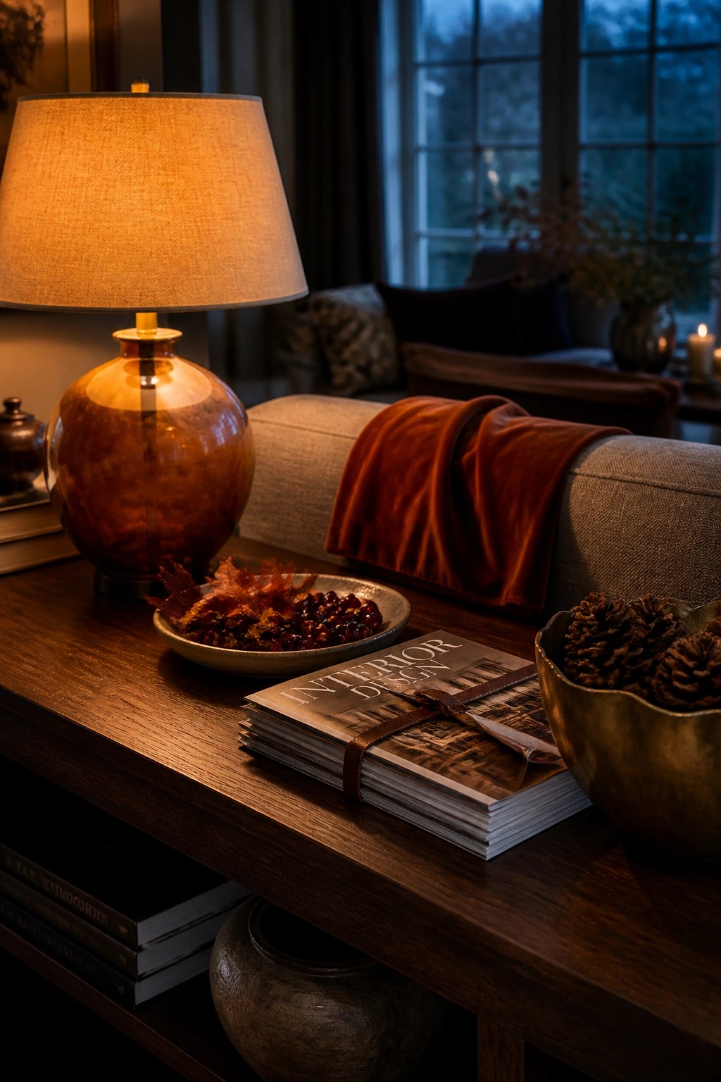 A wooden table holds a lit amber glass lamp, a bowl of dried leaves and berries, a stack of interior design magazines, and a brass bowl filled with pinecones, with a sofa and window in the background.