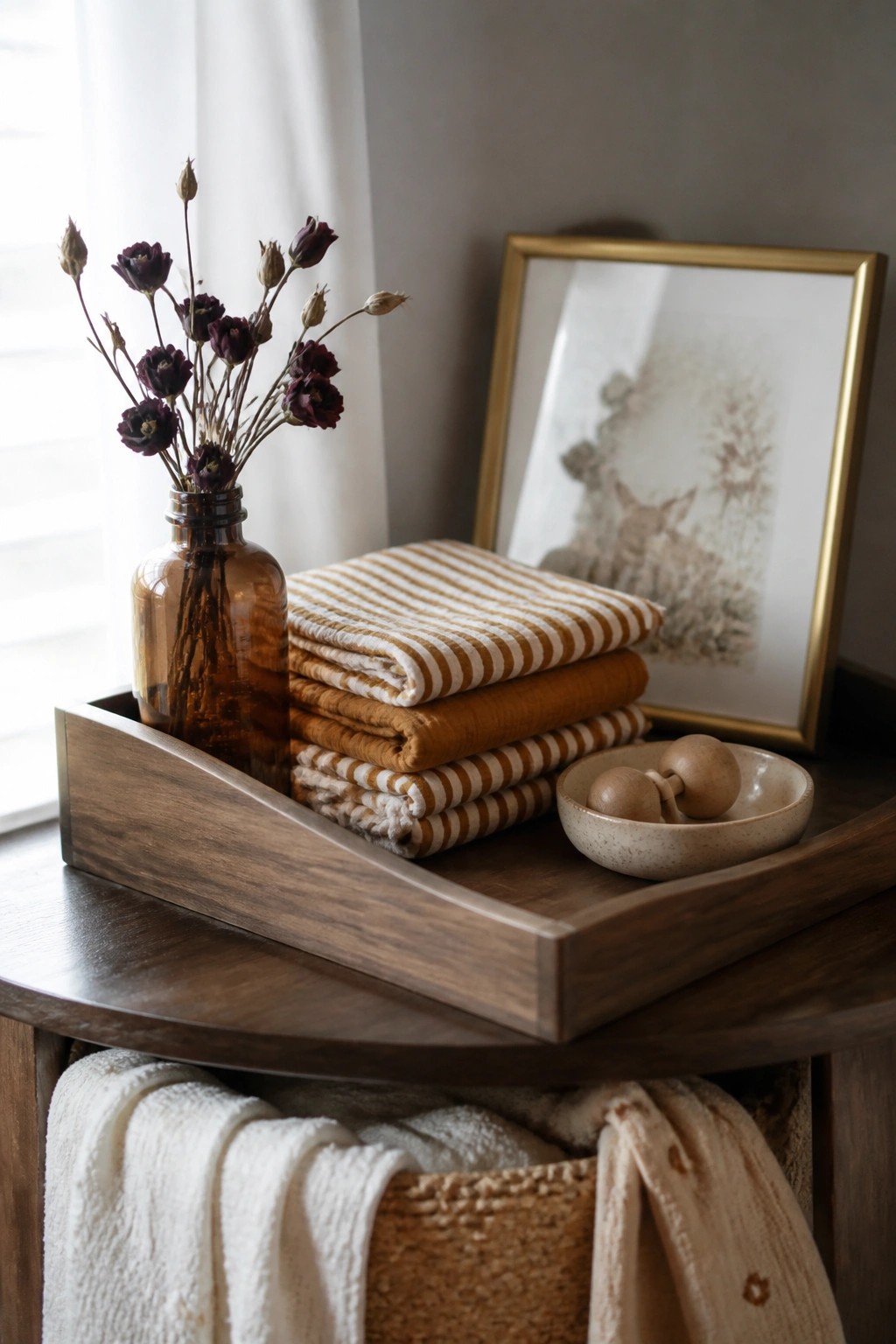 A dark wooden tray on a round table holds folded amber and cream striped linens, a brown glass bottle with dried burgundy flowers, and a small ceramic bowl with wooden items.